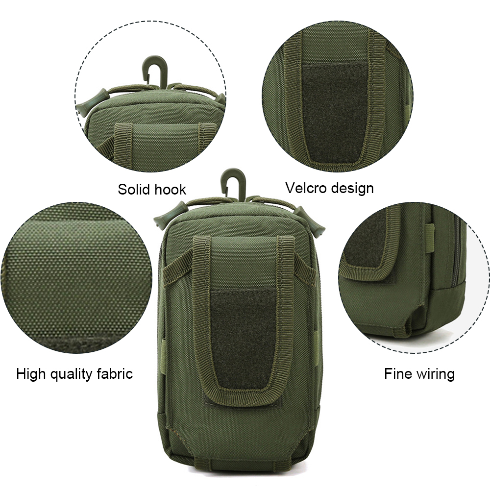 Grüne taktische Tasche mit Haken, Klettverschluss und hochwertigen Stoffdetails. Feine Verdrahtung und verstärktes Design.