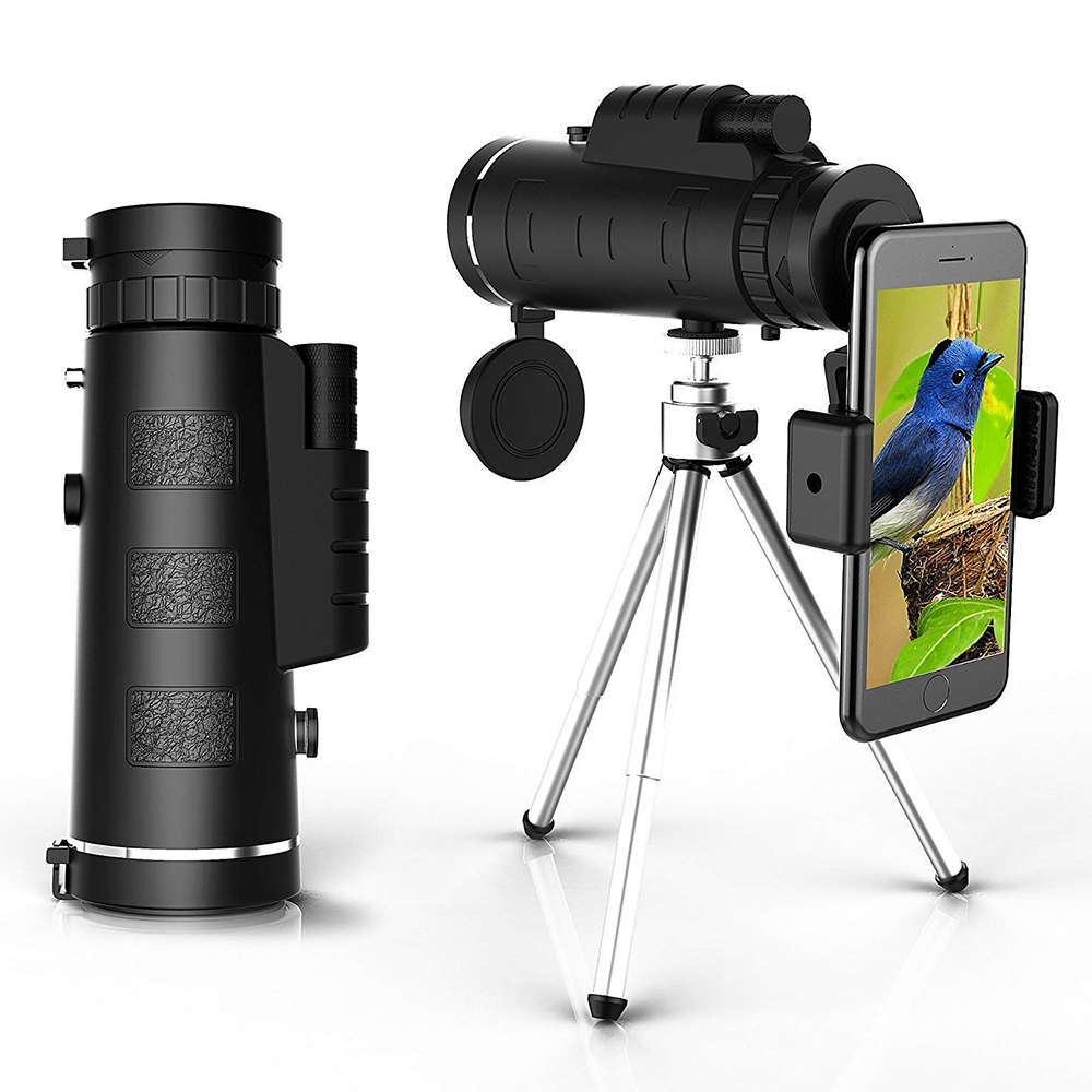 Schwarzes Monokular und Stativ mit einem Smartphone, das ein Vogelbild zeigt. Ein Monokular steht links.