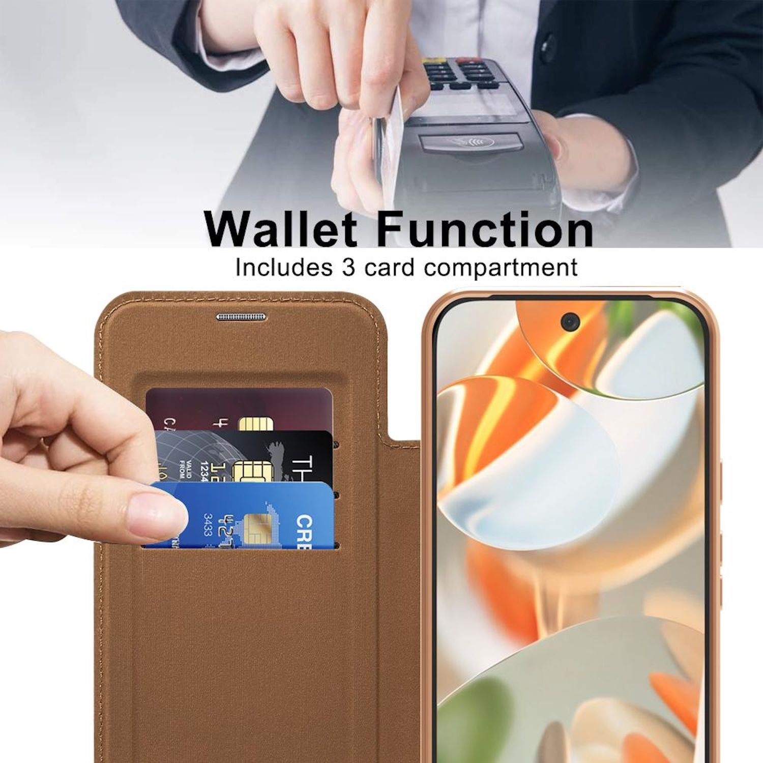 Eine Hand führt eine Kreditkarte in ein Bezahlterminal ein. Eine Handyhülle mit Kartenfächern wird gezeigt, Karten sind sichtbar.