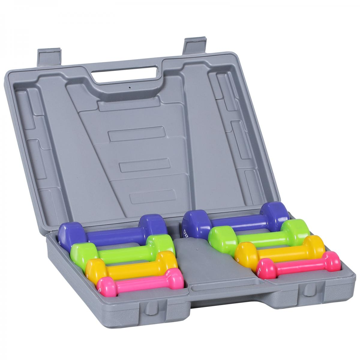 Offener grauer Koffer mit Hantelsätzen. Farben sind Pink, Gelb, Grün, Blau und Lila. Der Koffer ist leicht geöffnet und angewinkelt.