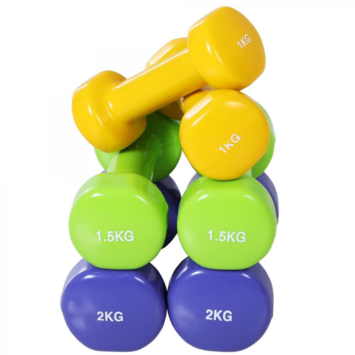 Stapel bunter Hanteln. Gelbe 1KG, grüne 1,5KG und violette 2KG Gewichte sind sichtbar, übereinander gestapelt.