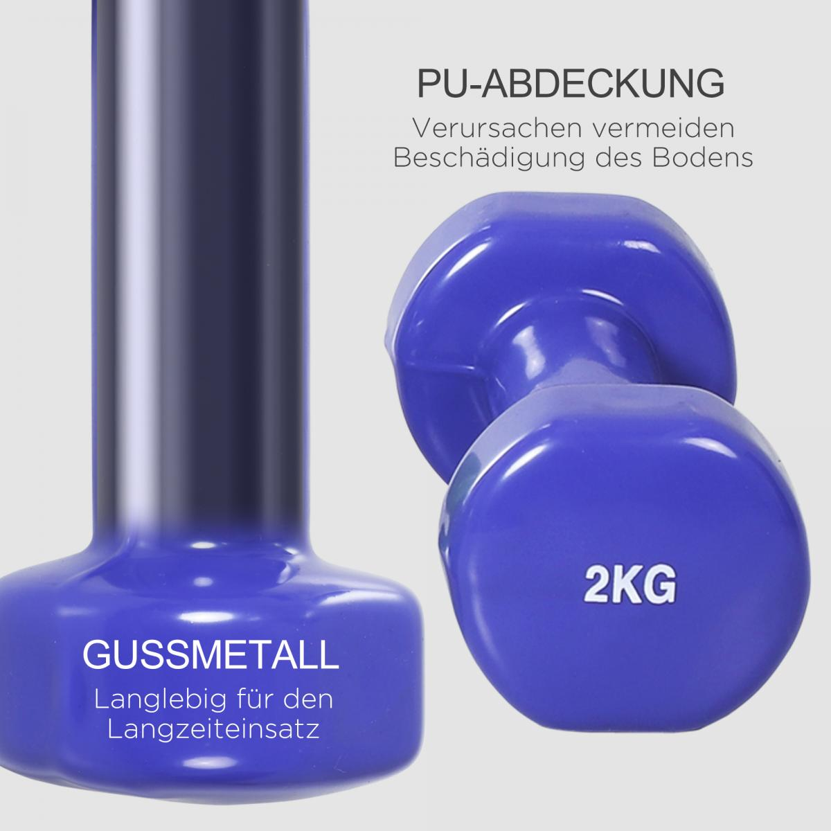 Eine blaue Hantel mit 2KG-Etikett. Text lautet PU-ABDECKUNG und GUSSMETALL. Der Hintergrund ist weiß.