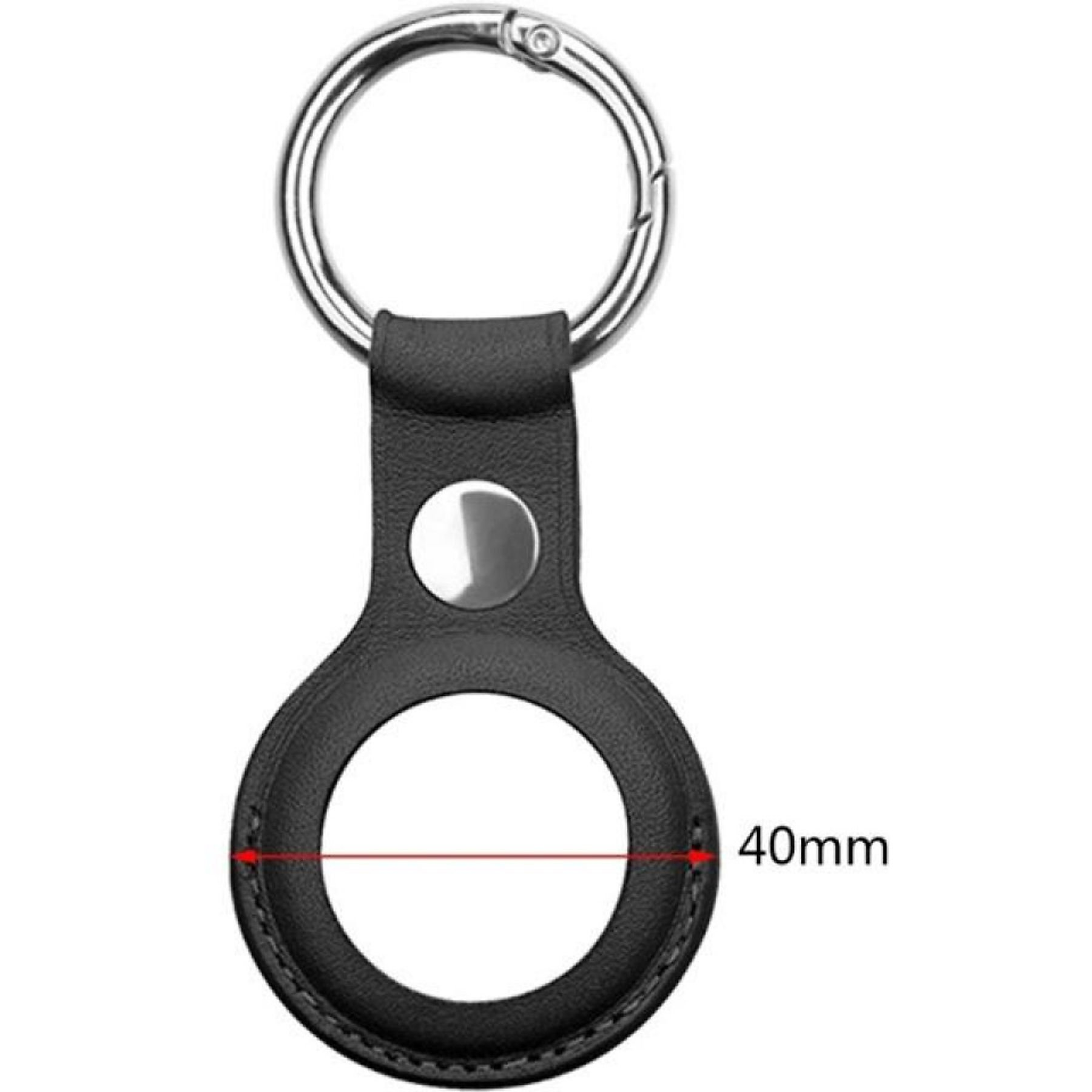 Schwarzer Leder-AirTag-Halter mit silbernem Schlüsselring. Der Halter hat einen Knopf und 40 mm Durchmesser.