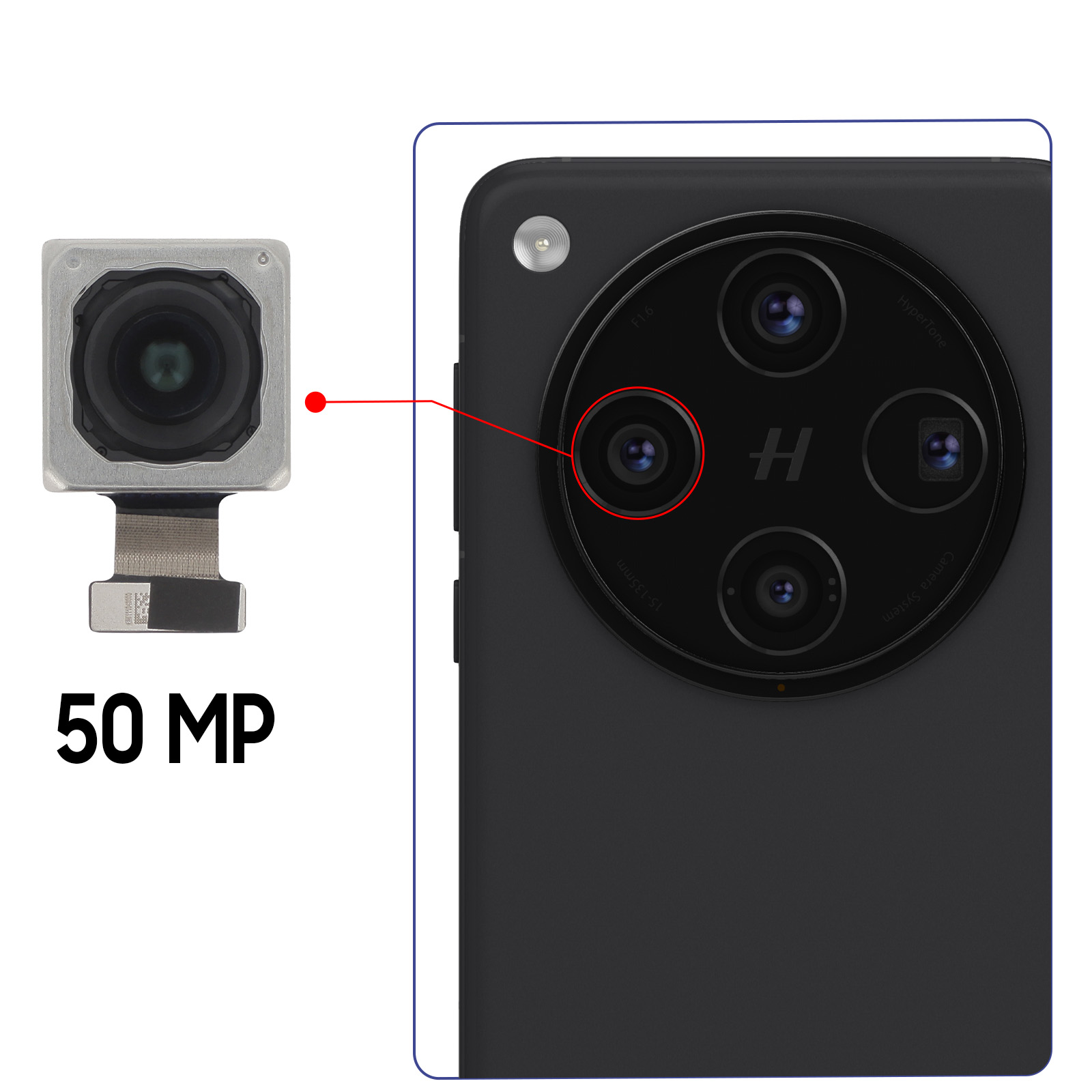 Ein Smartphone mit einem 50MP-Kameramodul, einem schwarzen Gehäuse und einer kreisförmigen Kameraanordnung.