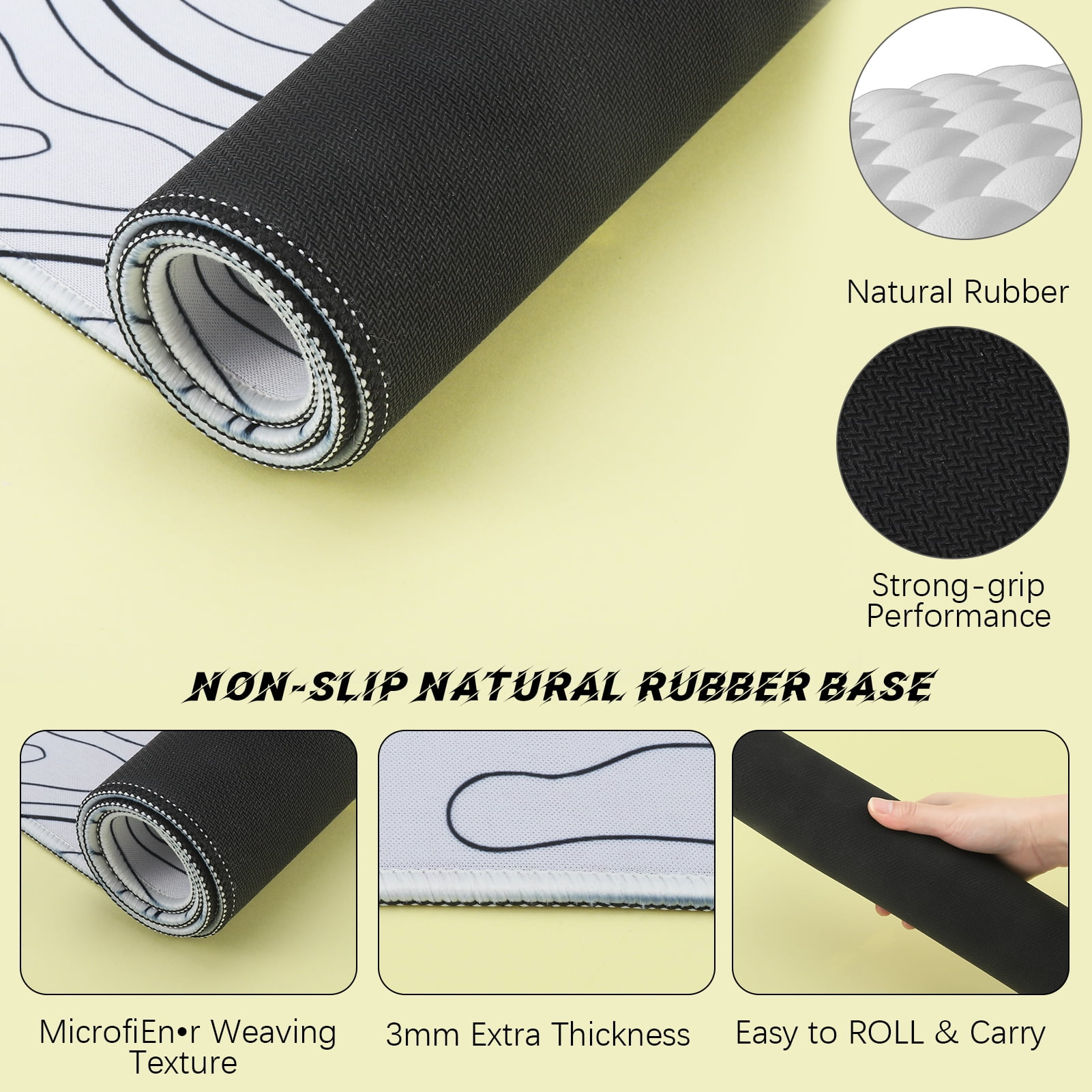 Aufgerollte schwarze Mausunterlage mit weißem Design oben, zeigt Details wie Textur und Dicke. Enthält Etiketten: Naturkautschuk, starker Griff usw.