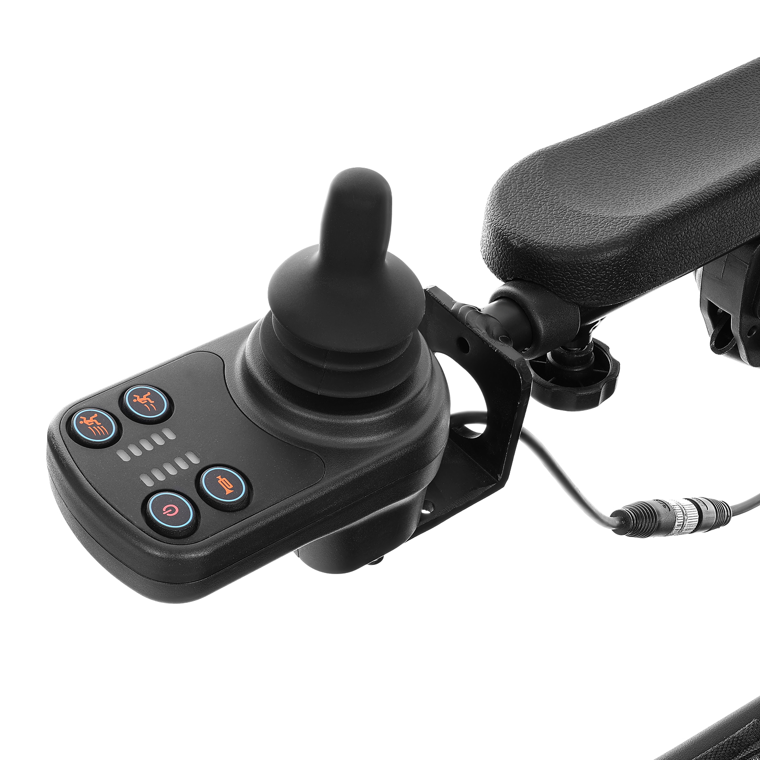 Schwarzes Joystick-Bedienfeld mit Knöpfen und Armlehne. Der Joystick hat einen Gummigriff und ist an ein Kabel angeschlossen.