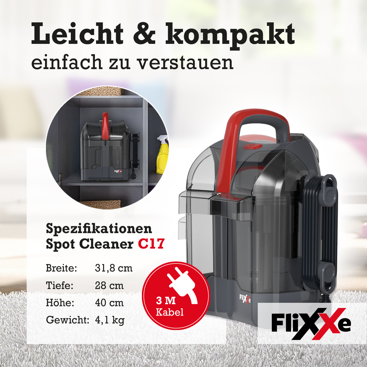 Ein Staubsauger mit rotem Griff ist abgebildet. Er befindet sich neben einer Grafik, die die Produktspezifikationen und ein Kabel zeigt.