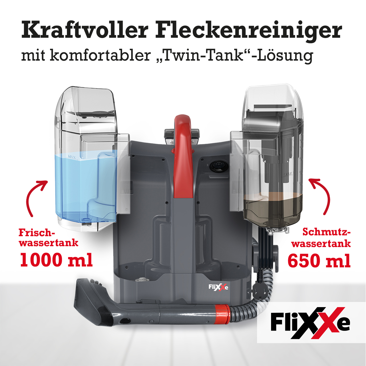 Reinigungsgerät mit zwei Tanks für sauberes und schmutziges Wasser. Es hat einen roten Griff und einen schwarzen Reinigungskopf. Text: Kraftvoller Fleckenreiniger.