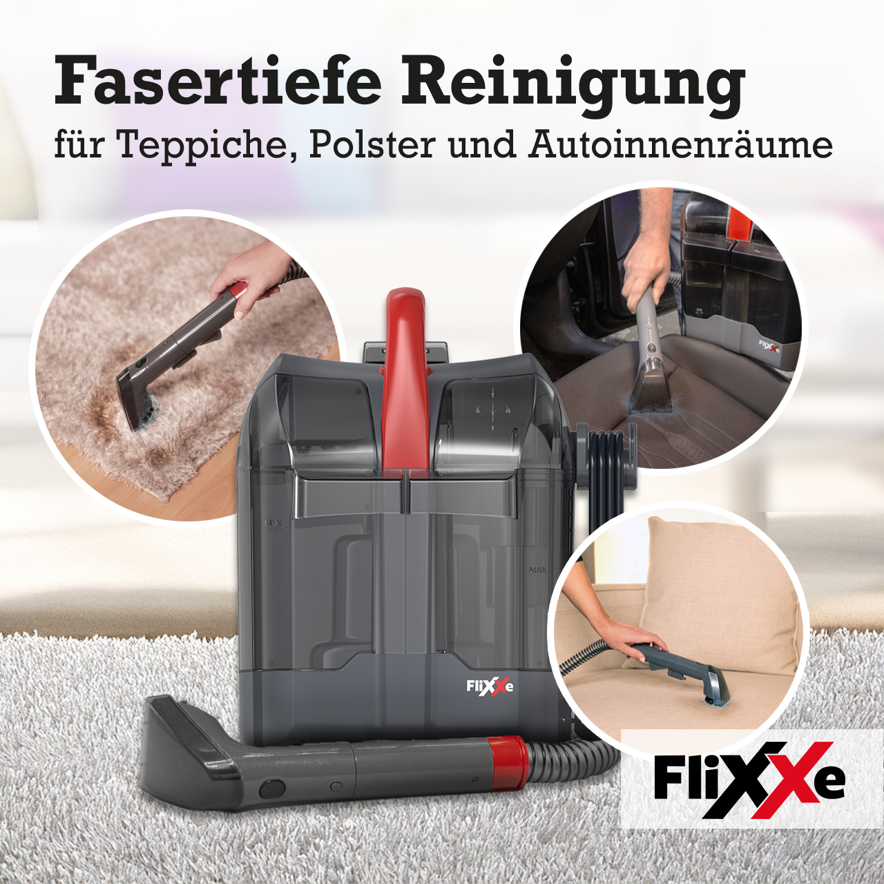 Eine Reinigungsmaschine mit drei insetierten Bildern, die das Reinigen von Teppichen, Autositzen und einem Sofa zeigen. Die Maschine hat einen roten Griff und einen grauen Körper.