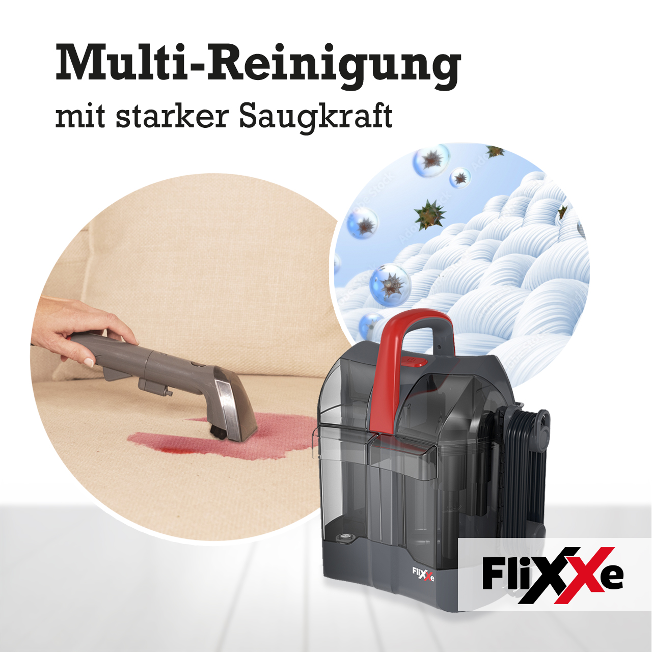 Ein Reinigungsgerät entfernt einen roten Fleck von einem beigen Sofa. Blasen und Stoffreinigungs-Grafik im Hintergrund. Das Gerät hat einen roten Griff.