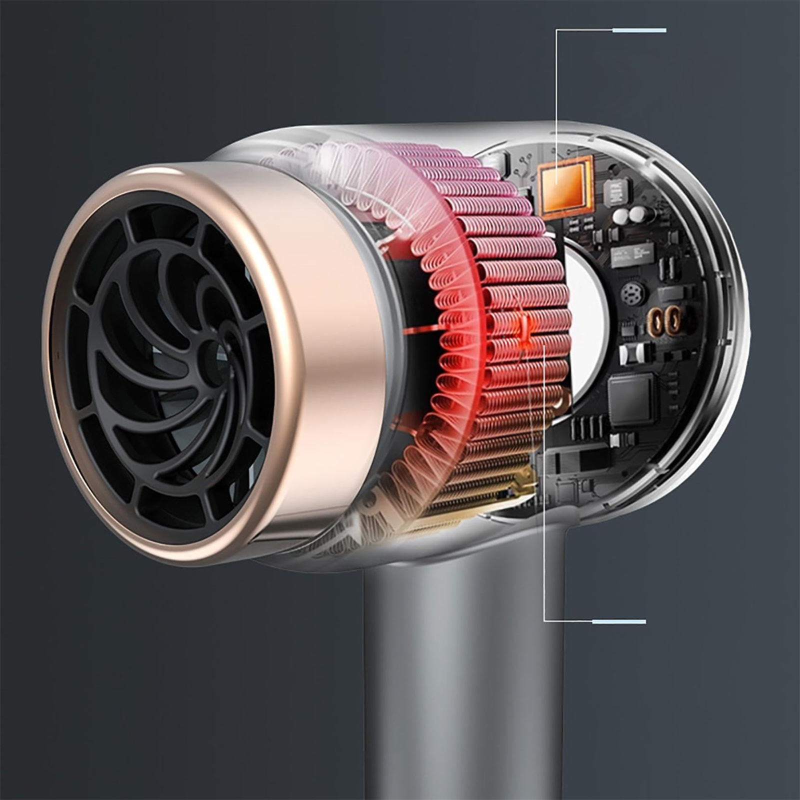 Schnittansicht eines Haartrockners. Sichtbar sind der Ventilator, Heizschlangen und die Platine. Die Farben sind metallisch, rot und schwarz.