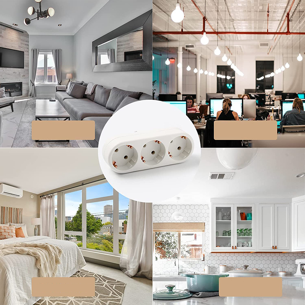 Eine Collage mit verschiedenen Innenräumen: Wohnzimmer, Büro, Schlafzimmer und Küche. In der Mitte befindet sich eine weiße Steckdosenleiste.