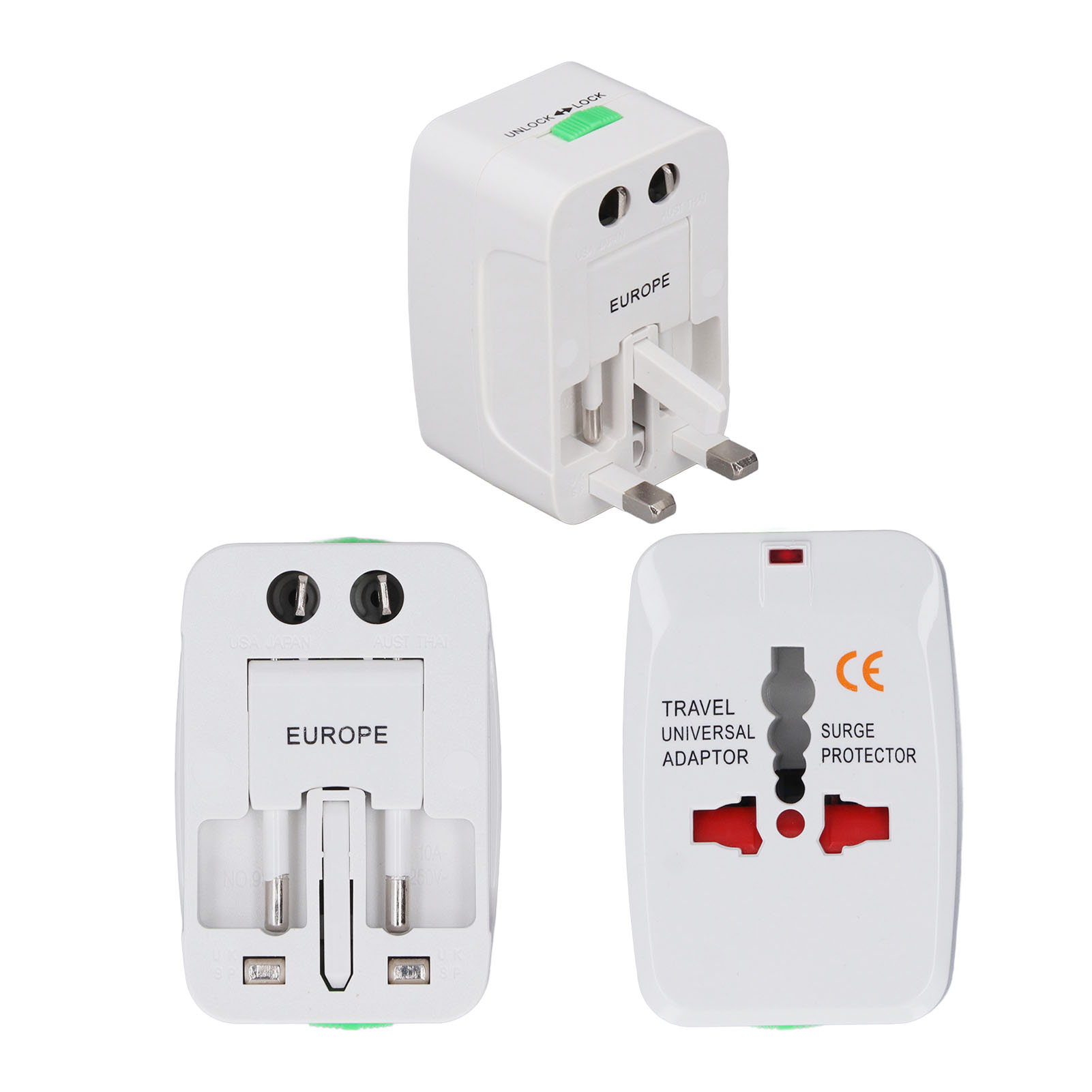 Drei weiße Reiseadapter mit schwarzen und silbernen Details werden gezeigt. Sie haben unterschiedliche Stecker- und Etiketten.