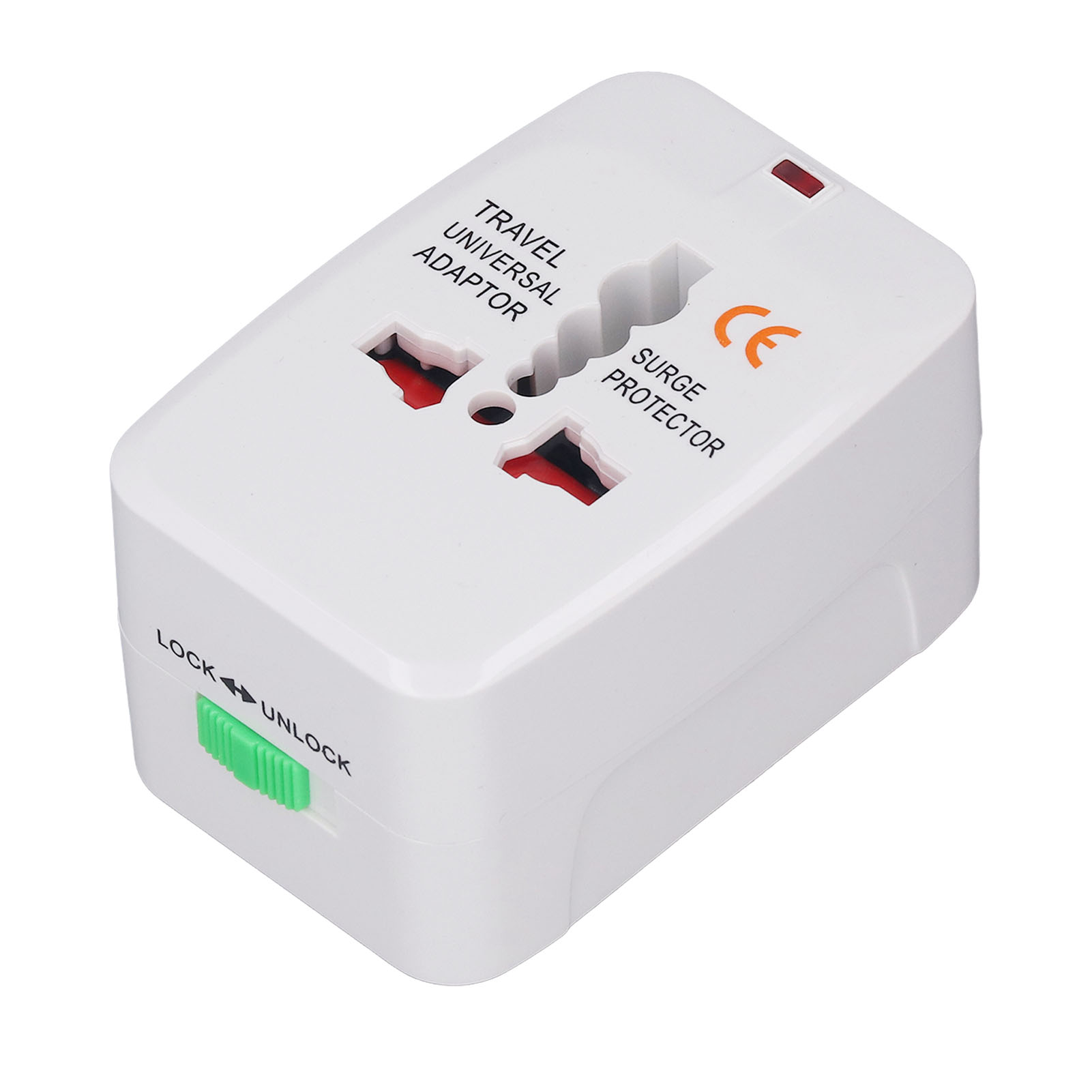 Ein weißer Universal-Reiseadapter mit Steckdosen und einem grünen Verriegelungs-/Entriegelungsknopf. Der Text lautet 'Travel Universal Adaptor'.
