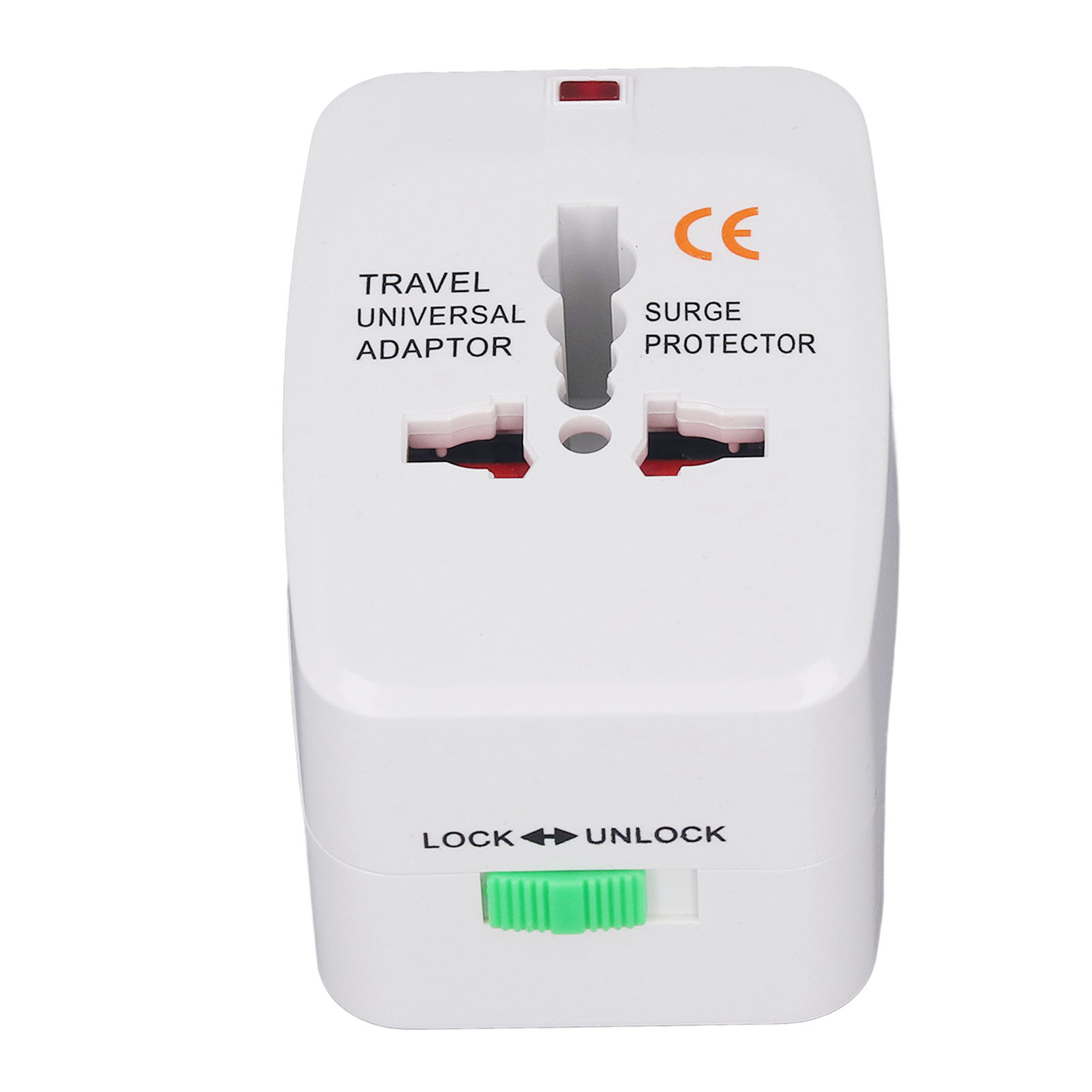 Weißer Reise-Universaladapter mit mehreren Steckdosen und einem grünen Verriegelungs-/Entriegelungsschalter. Das CE-Zeichen befindet sich oben.