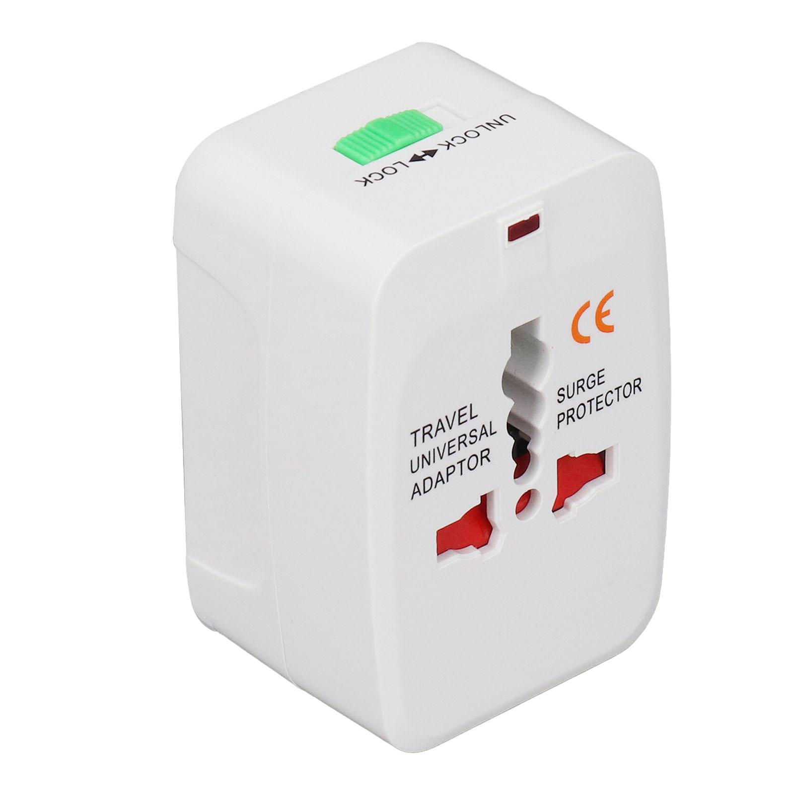 Ein weißer Universal-Reiseadapter mit grünem Schalter, roten Steckdosen und CE-Zeichen, beschriftet mit 'Travel Universal Adaptor' und 'Surge Protector'.