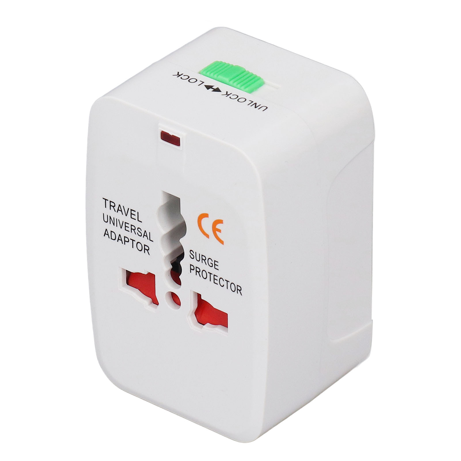 Ein weißer Reiseadapter mit einem grünen Schieberegler. Es hat mehrere Steckertypen und 'Travel Universal Adaptor' aufgedruckt.