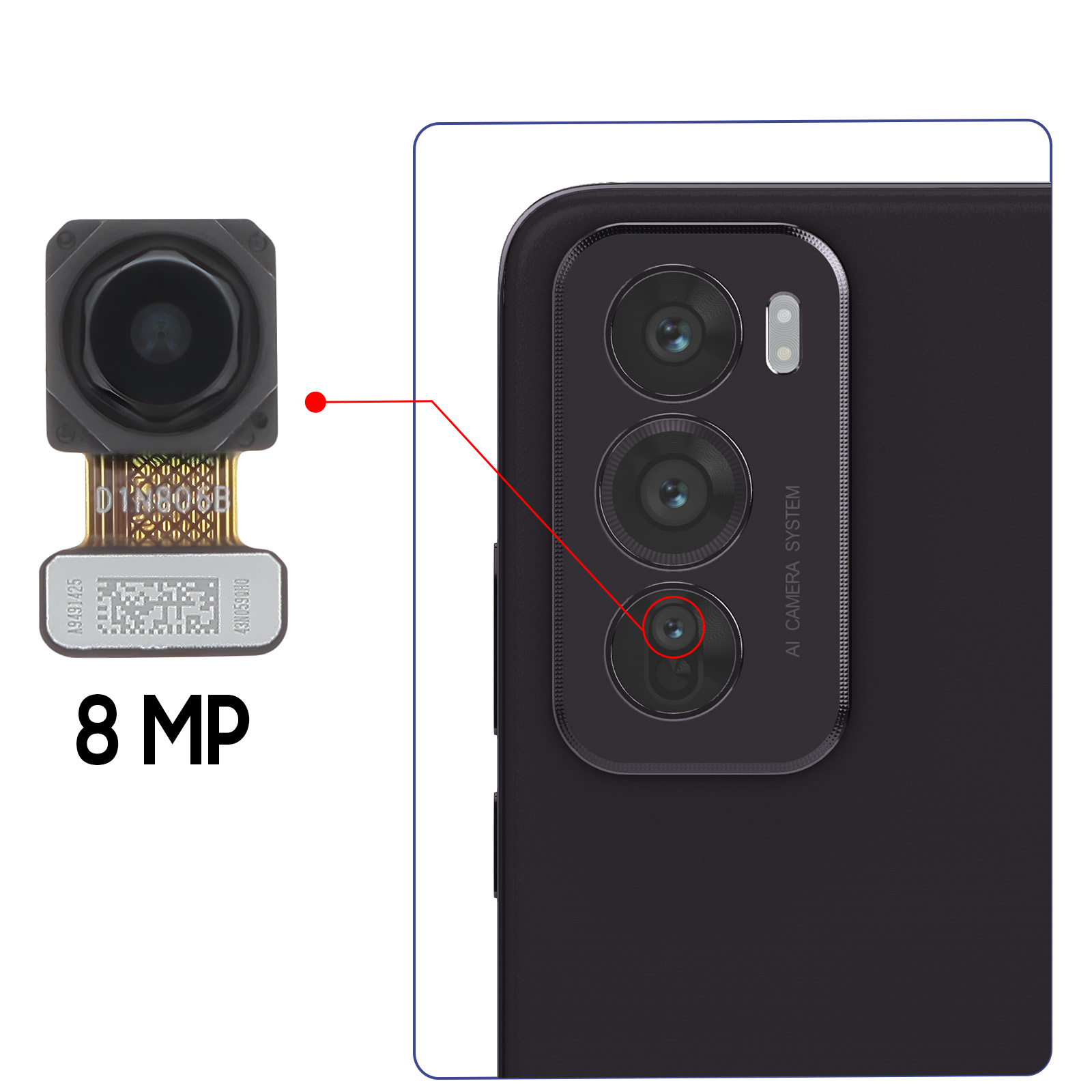 Das Bild zeigt Details der Telefonkamera. Es zeigt ein Kameramodul, eine Telefonrückseite mit mehreren Linsen und Text mit 8 MP.