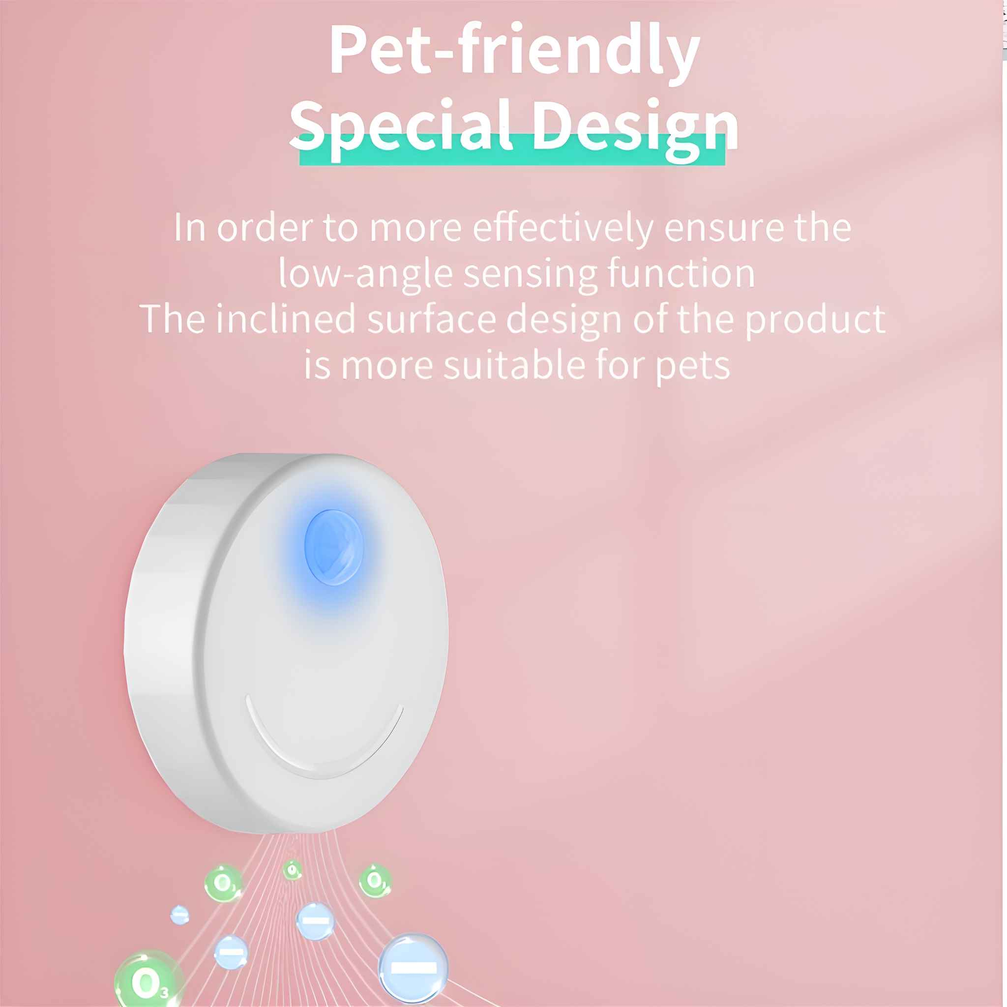 Weißes Gerät mit blauem Licht, Text: Tierfreundliches Spezialdesign. Rosa Hintergrund. Blasen und Text über die Niedrigwinkelerfassung.