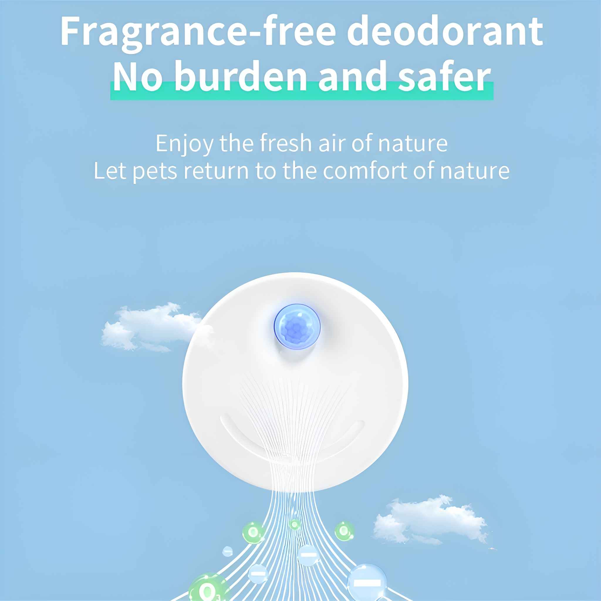 Das Bild zeigt ein weißes, rundes Objekt mit blauem Zentrum. Text: parfümfreies Deodorant, keine Belastung und sicherer.