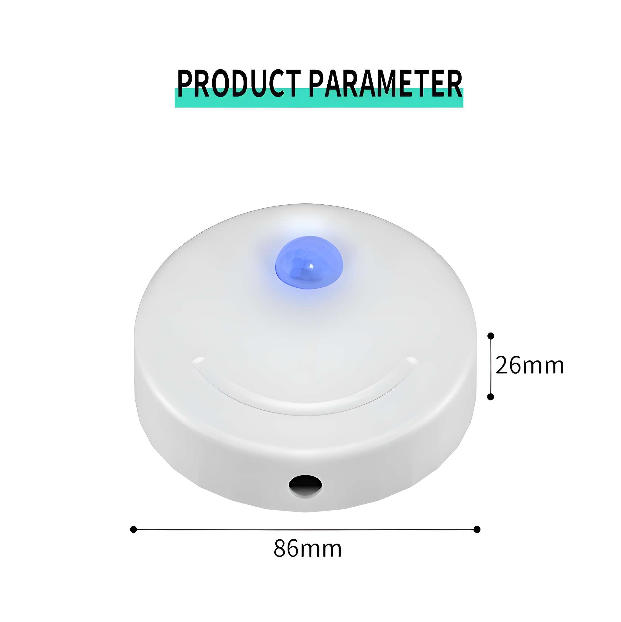 Weißes, rundes Produkt mit blauem Zentrum, einem schwarzen Loch und Abmessungen: 86 mm breit, 26 mm hoch. Text oben: 'PRODUCT PARAMETER'.