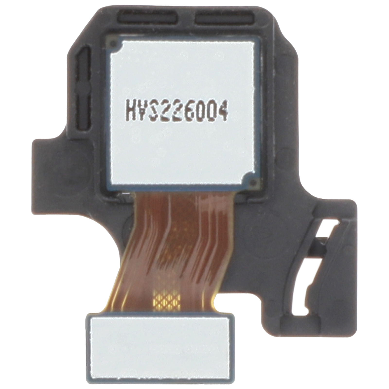 Un componente electrónico negro con una cinta marrón y elementos rectangulares blancos, el texto "HVS226004" es visible.