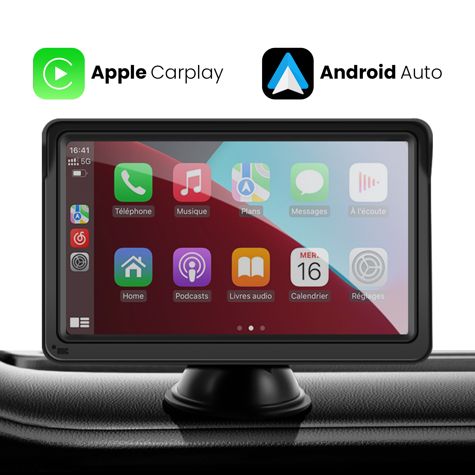 Ein Armaturenbrettbildschirm, der Apple CarPlay- und Android Auto-Oberflächen mit App-Symbolen wie Telefon, Musik und Kalender anzeigt.