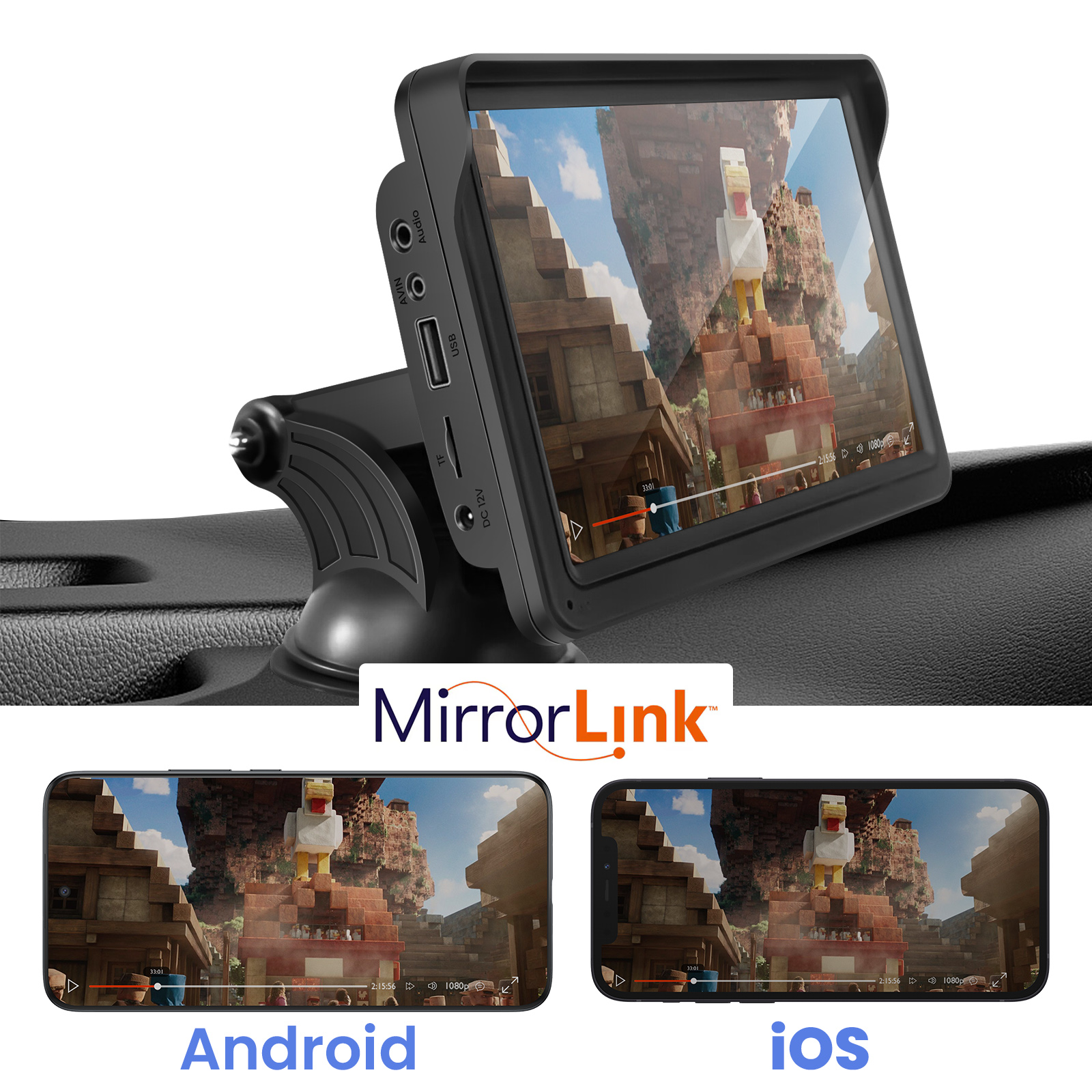 Ein Monitor im Auto zeigt eine Videospielszenen. Darunter zeigen zwei Smartphones dieselbe Szene. Text: MirrorLink, Android und iOS.