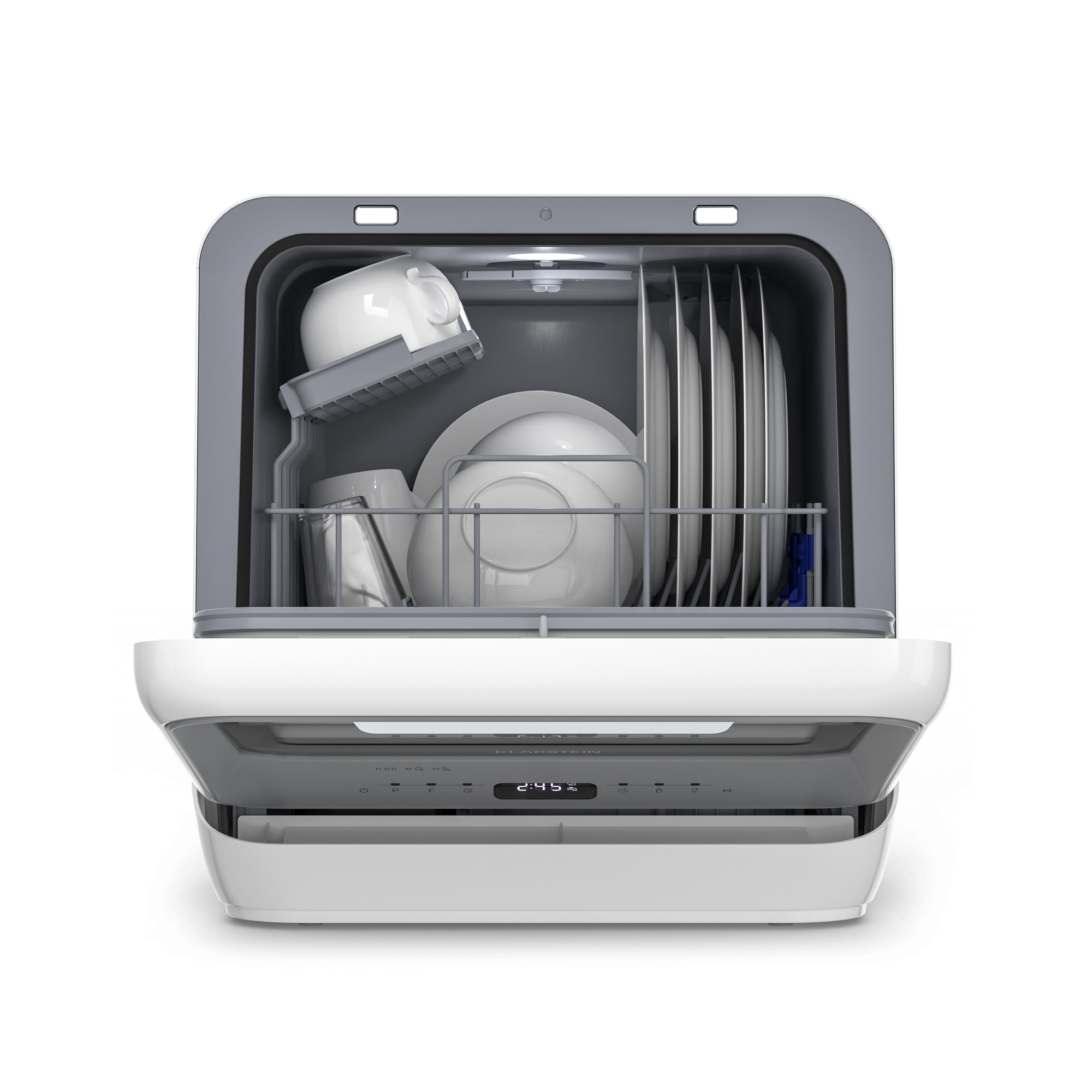 Lavavajillas abierto con platos, tazas y platos blancos dentro. La pantalla digital muestra 2:45. Interior gris, exterior blanco.