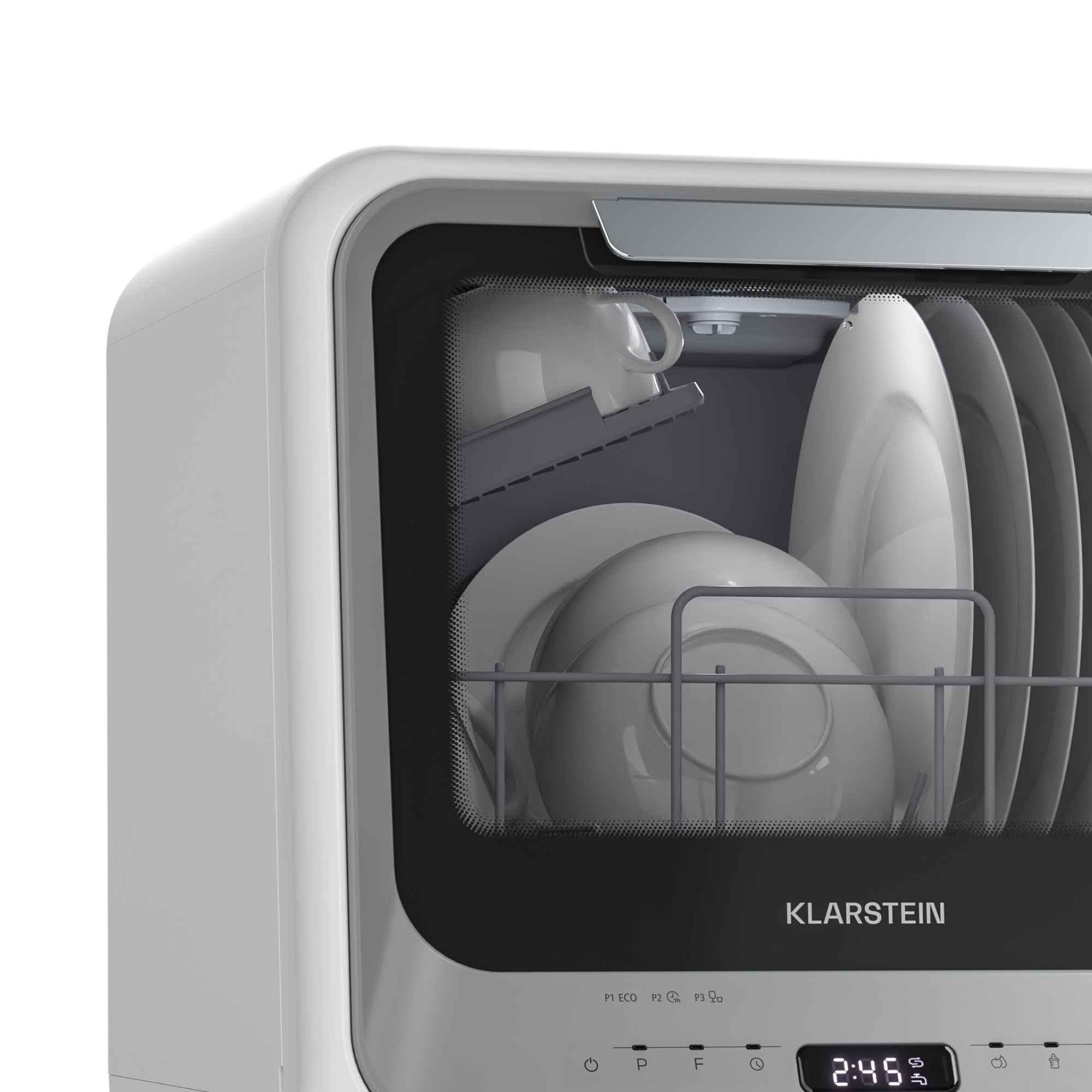 Un lavavajillas Klarestein blanco con platos dentro. La pantalla digital muestra 2:45. La unidad está sobre un fondo blanco.