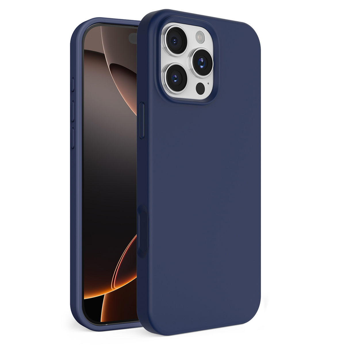 Eine dunkelblaue Handyhülle und ein Handy. Die Hülle hat eine glatte Textur. Der Handy-Bildschirm ist mit einem bunten Hintergrund sichtbar.