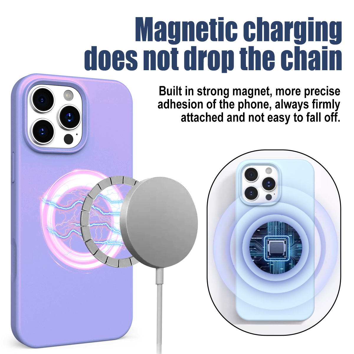 Das Bild zeigt das Aufladen des Telefons. Ein Telefon in einer lila Hülle mit einem angeschlossenen Ladegerät und ein Telefon in einer blauen Hülle mit einem Diagramm.
