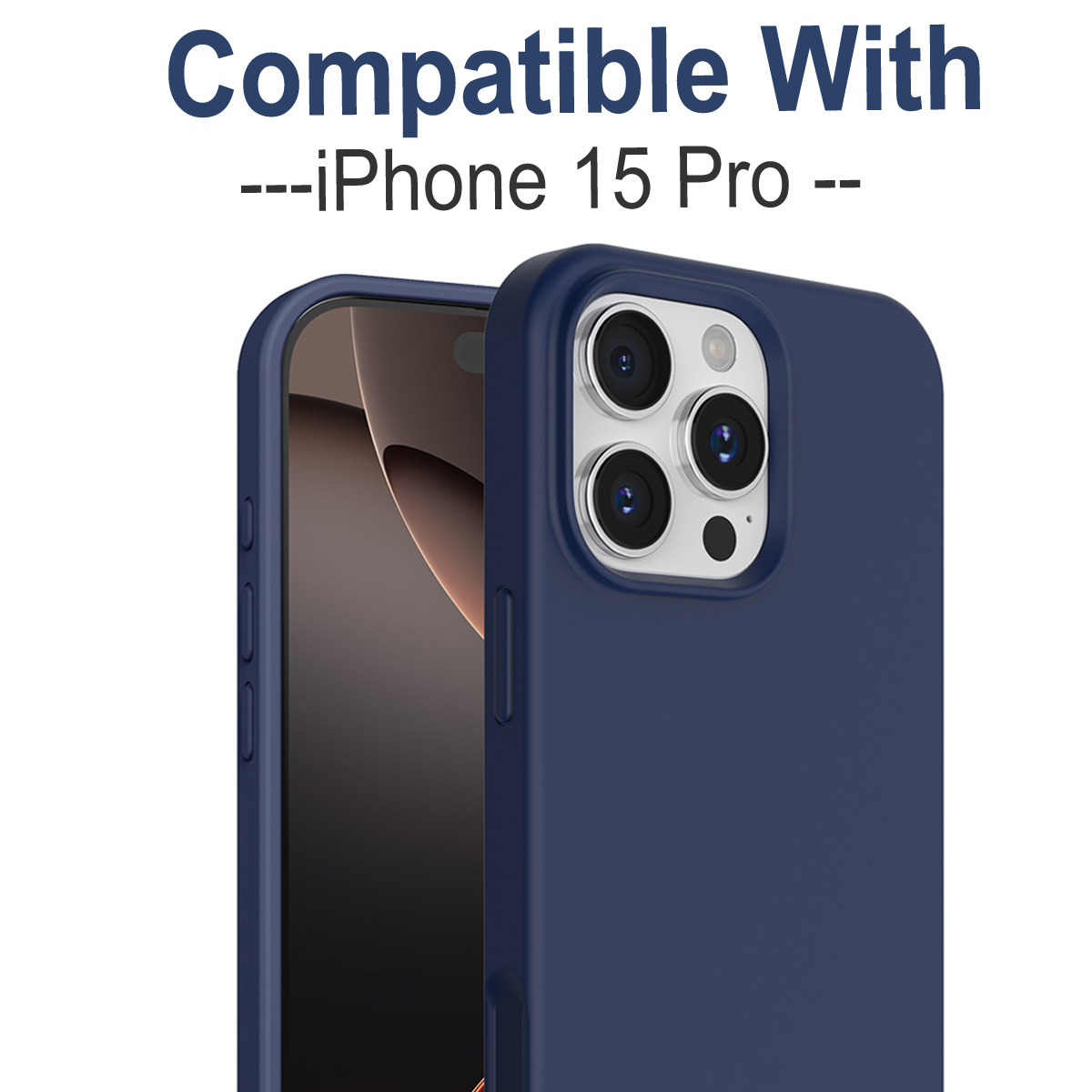 Eine marineblaue Handyhülle auf weißem Hintergrund. Die Hülle befindet sich auf einem iPhone 15 Pro, die Kamera ist sichtbar. Text lautet 'Kompatibel mit'.