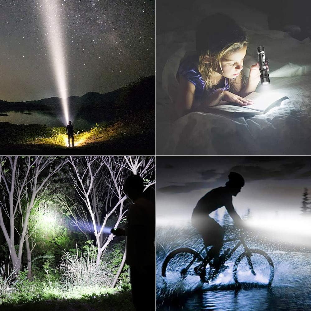 Vier Bilder zeigen eine Person mit einer Taschenlampe in der Nacht. Ein Mädchen liest. Jemand im Wald und ein Radfahrer im Regen sind ebenfalls beleuchtet.