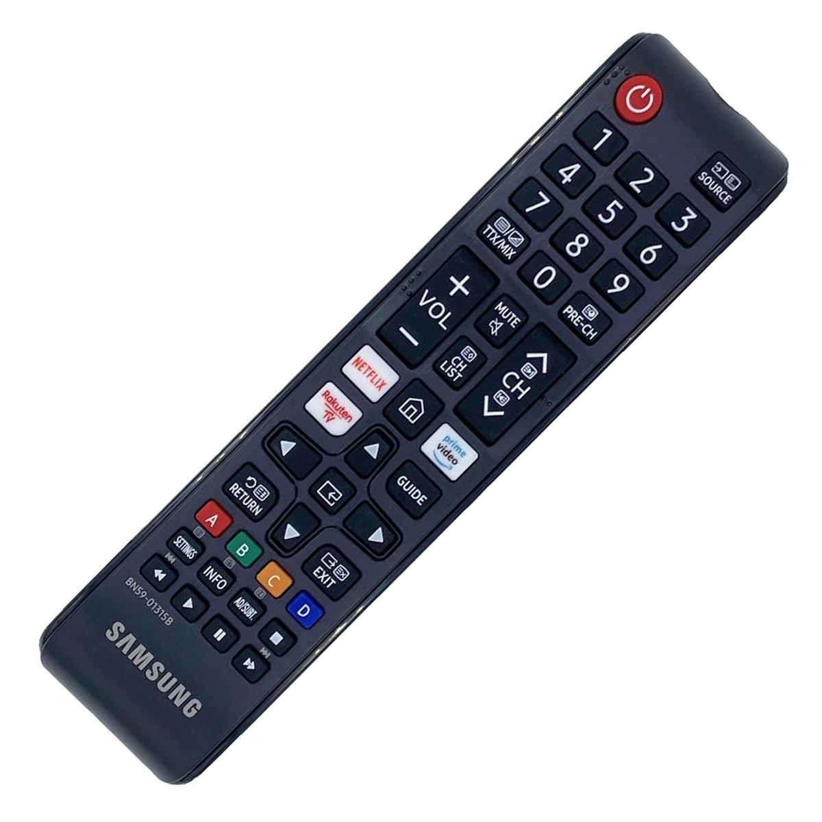 Eine schwarze Samsung-Fernbedienung mit vielen Tasten, darunter Zahlen, Lautstärke, Kanal und Streaming-Dienste.