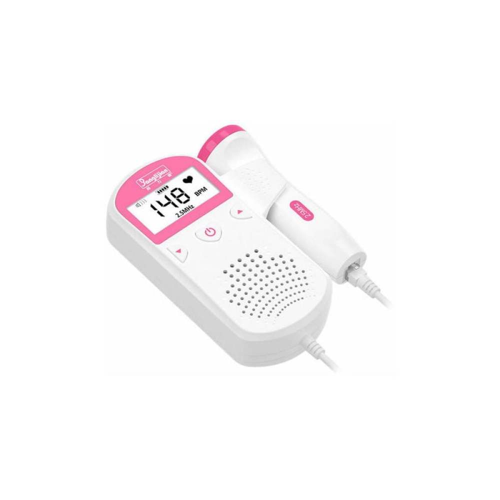 Ein weiß-rosa fetales Dopplergerät. Es zeigt 148 BPM an. Das Gerät hat eine Sonde, die mit dem Hauptgerät verbunden ist.