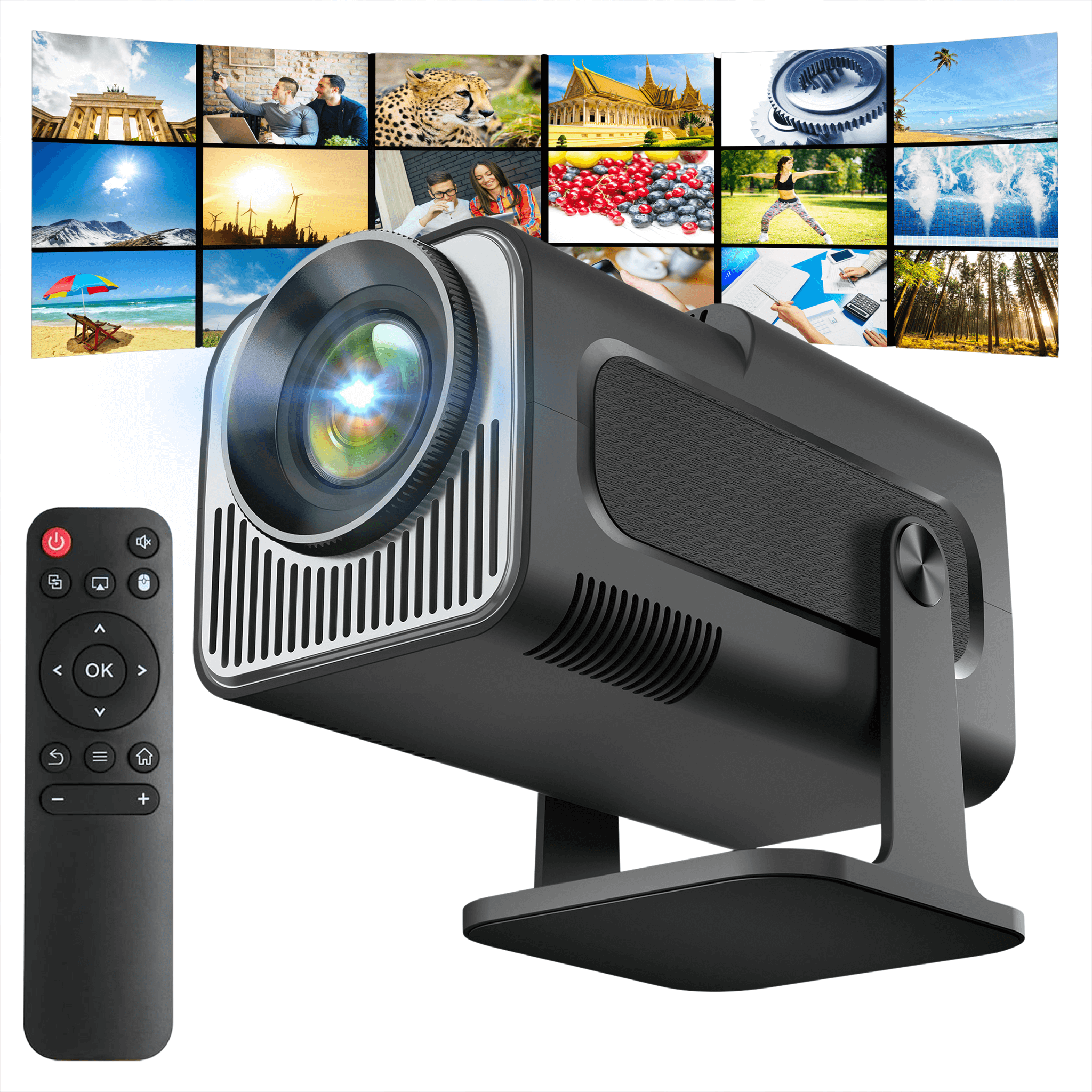 Czarny projektor z pilotem. Wyświetla różne obrazy. Ekran pokazuje różne sceny i krajobrazy.
