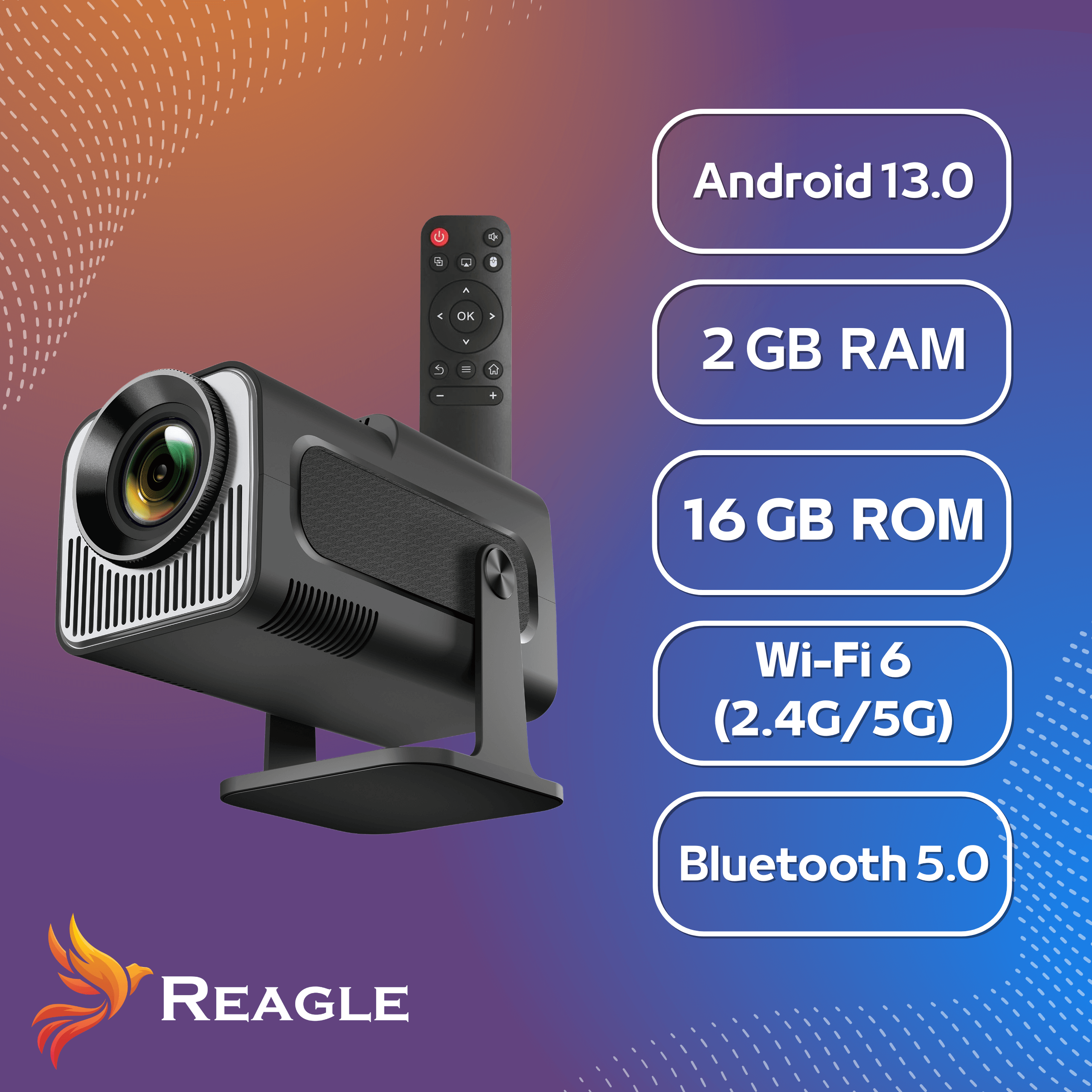 Pokazano czarny projektor z pilotem. Ma Androida 13.0, 2 GB RAM, 16 GB ROM, Wi-Fi 6 i Bluetooth 5.0.