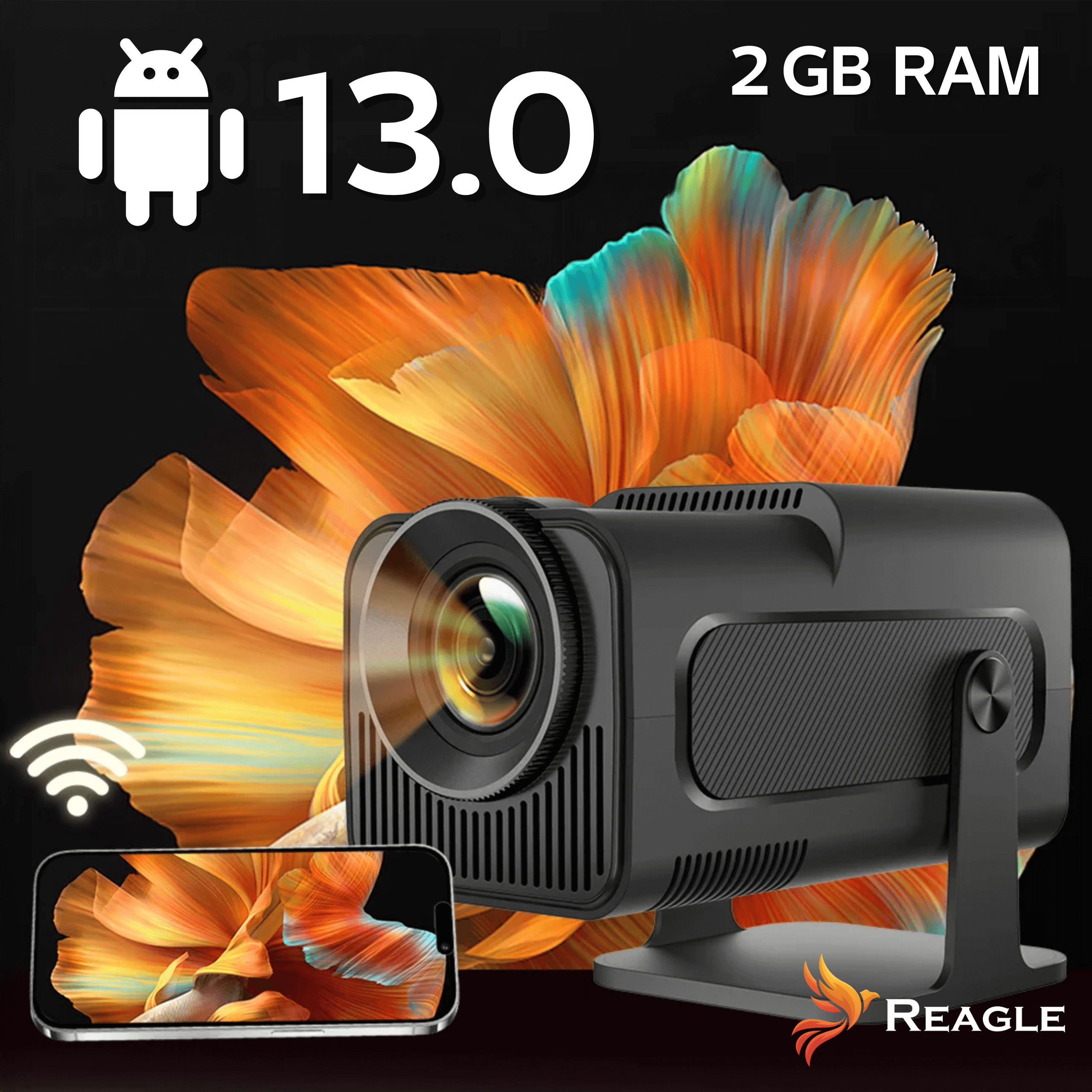 Czarny projektor z Androidem 13.0, 2 GB RAM i smartfonem z podobną grafiką. Pomarańczowo-żółte tło w kształcie kwiatu.