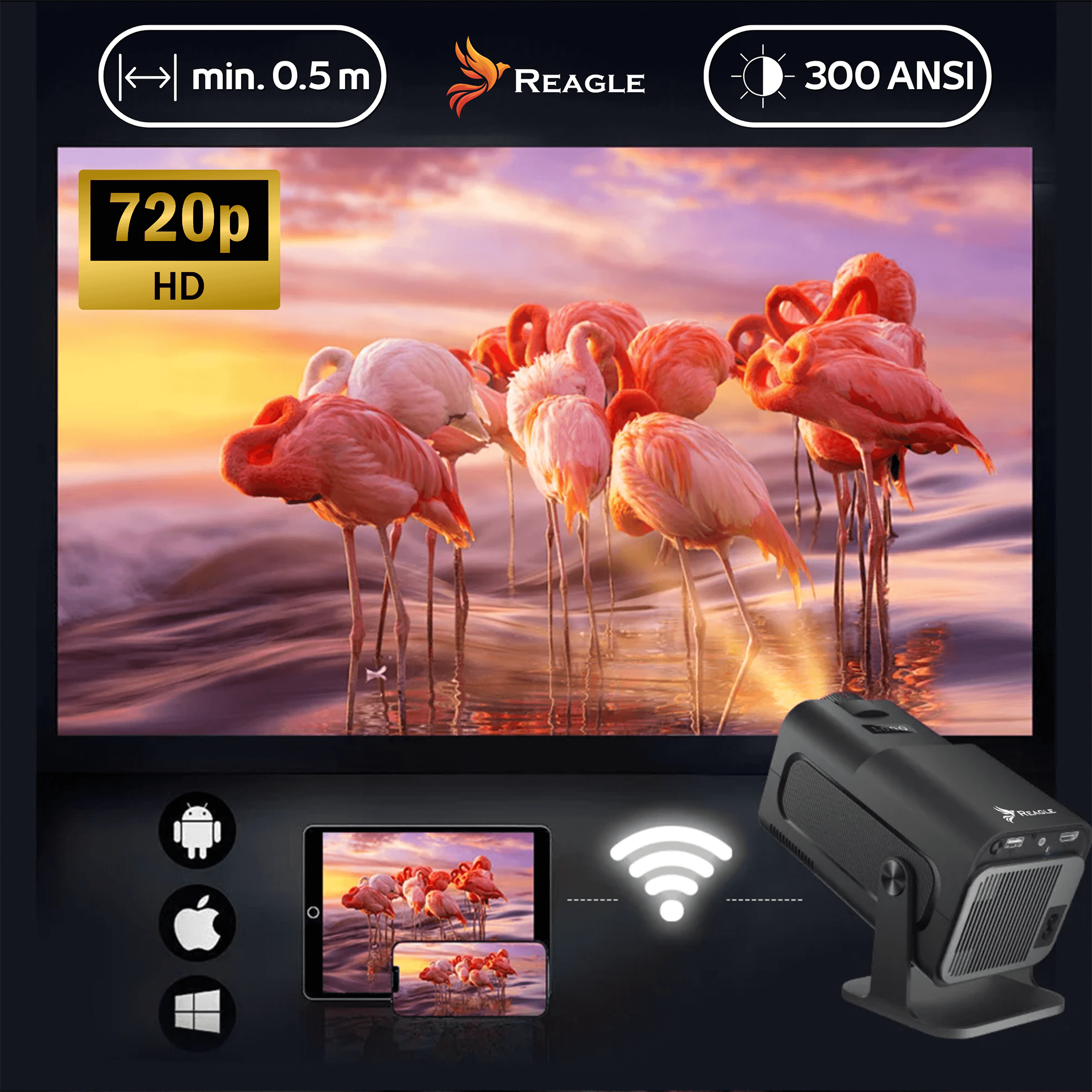 Obraz przedstawia różowe flamingi na ekranie. Rzutnik znajduje się w prawym dolnym rogu. Obecne są ikony bezprzewodowe i urządzeń.