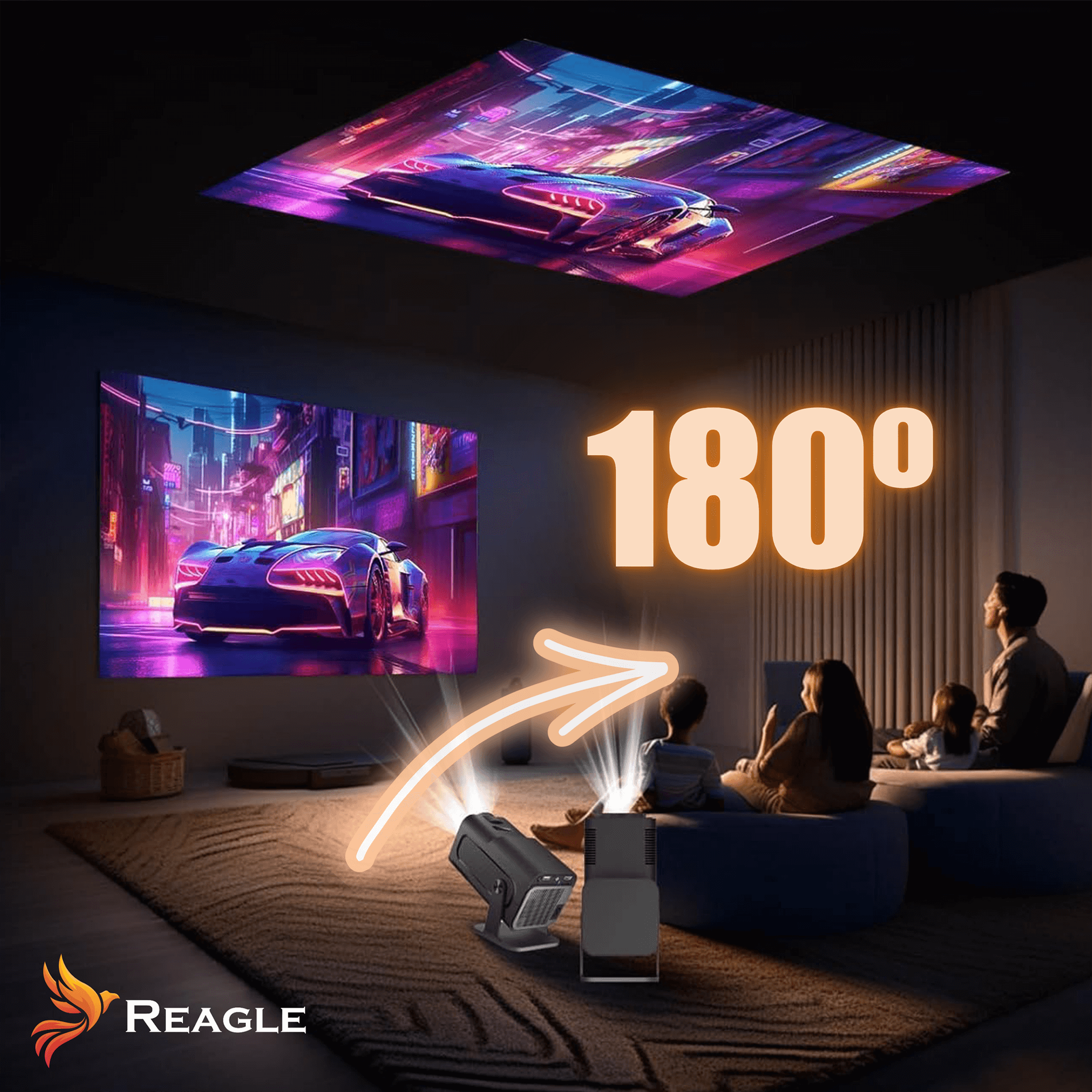 Rodzina ogląda projekcję samochodu na ścianie. Projektor pokazuje widok 180°. Logo Reagle na dole.