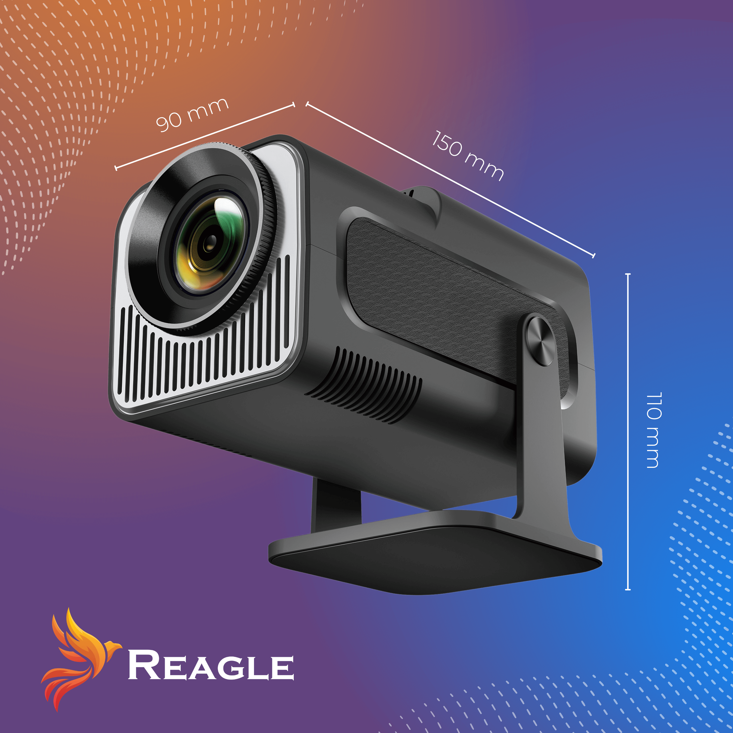 Czarny projektor ze srebrnymi akcentami jest wyświetlany na tle gradientu. Obraz jest oznaczony wymiarami.