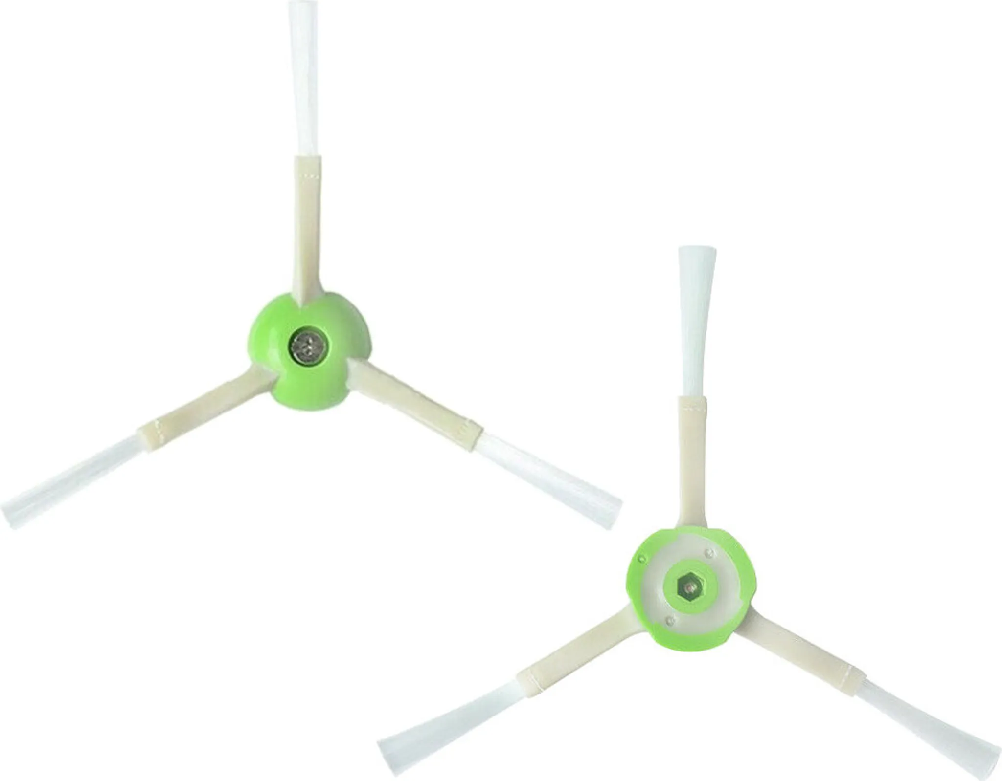 Zwei grüne und weiße Roboter-Staubsaugerbürsten auf weißem Hintergrund. Jede hat drei Arme mit weißen Borsten.