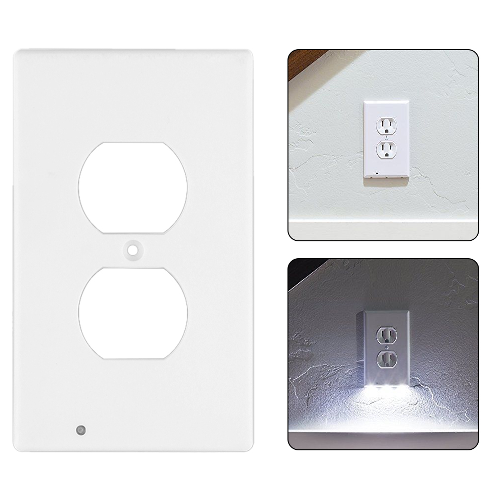 Eine weiße Steckdosenabdeckung mit zwei Steckdosen und einem kleinen Licht. Zwei weitere Bilder zeigen die Steckdose installiert, mit und ohne Licht.