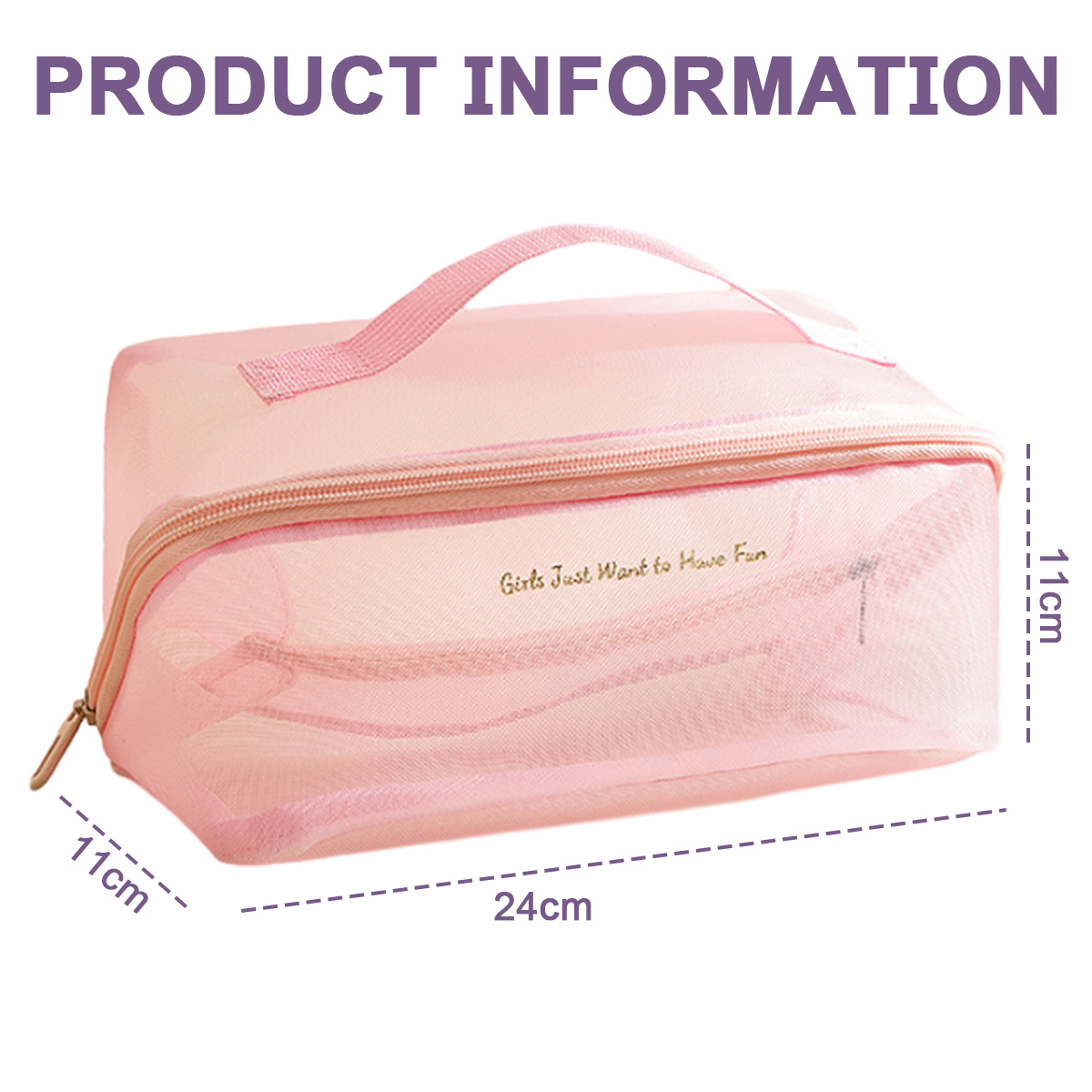 Rosa rechteckige Kosmetiktasche mit Griff, Maße 24x11x11 cm. Text: Produktinformationen, Girls Just Want to Have Fun.