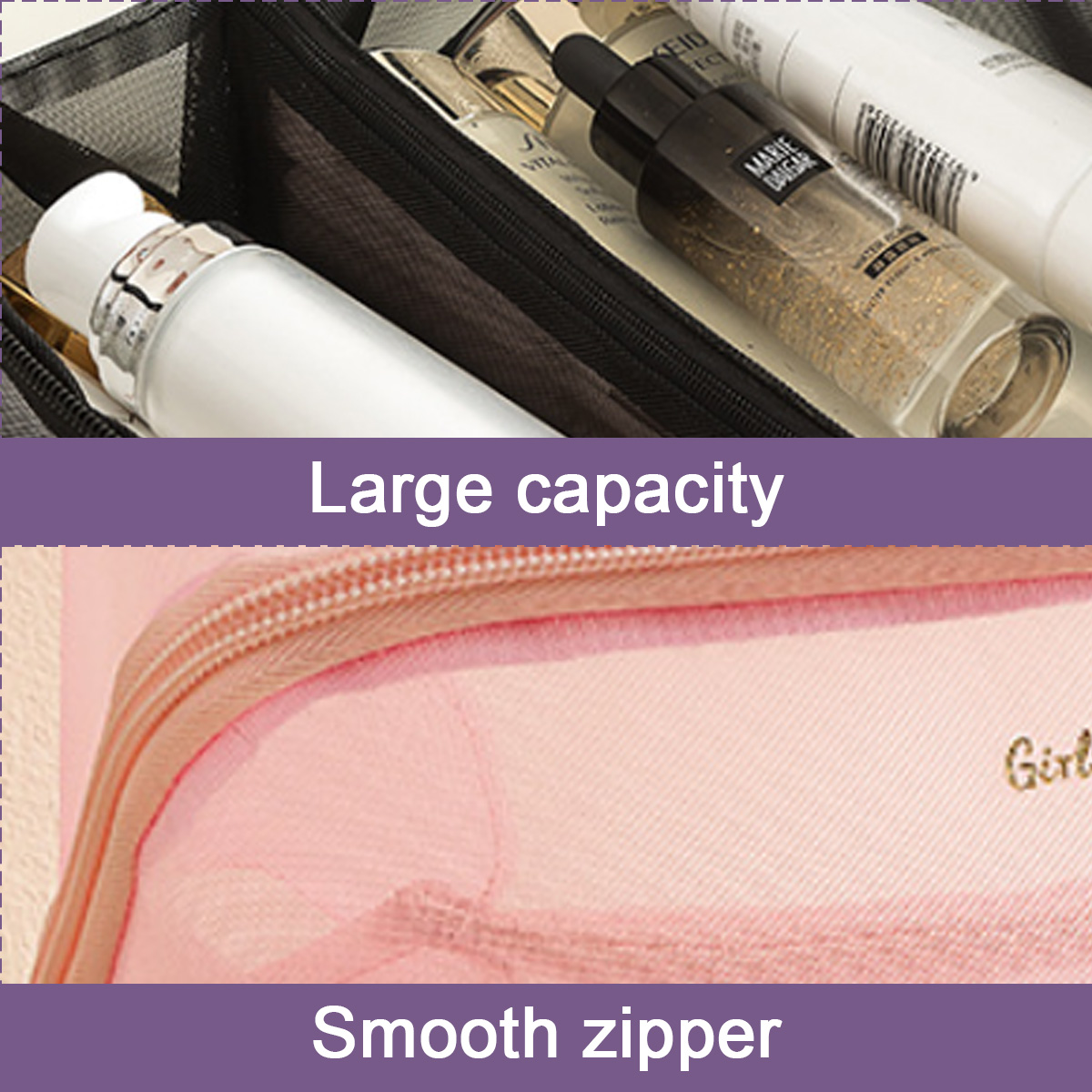 Kosmetiktasche mit Hautpflegeprodukten, darunter weiße Flaschen und eine transparente rosa Tasche mit Reißverschluss, mit der Aufschrift 'Girl'.
