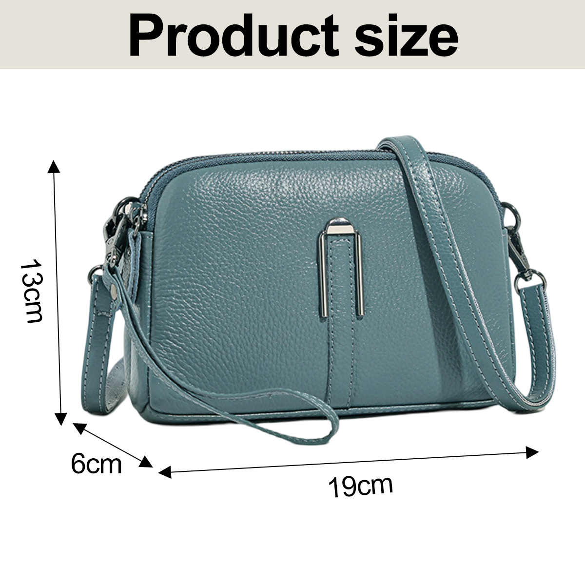 Eine teal-farbene Umhängetasche aus Leder. Abmessungen: 19cm lang, 13cm hoch und 6cm breit. Text oben: Produktgröße.