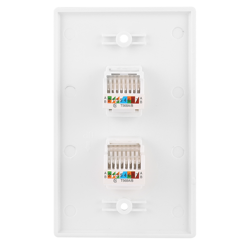 Eine weiße Wandplatte mit zwei RJ45-Anschlüssen. Jeder hat farbige Drähte und Etiketten. Löcher und Befestigungsmerkmale sind sichtbar.