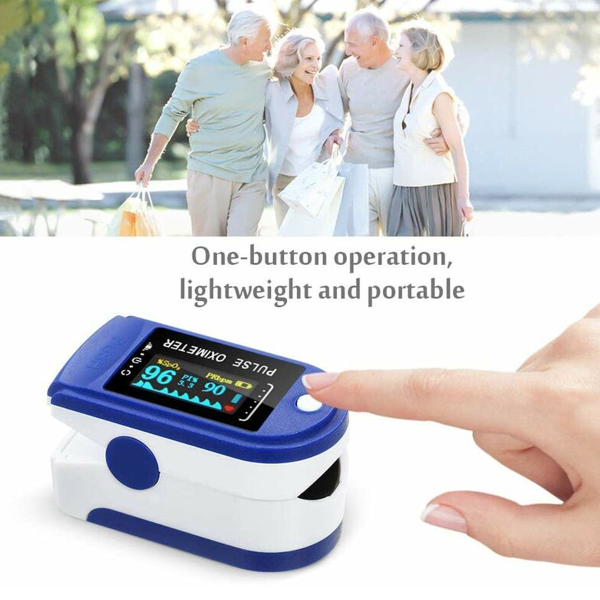 Ein Pulsoximeter wird gezeigt, mit einem Finger, der auf eine Taste drückt. Ältere Menschen sind im Hintergrund zu sehen, was auf Gesundheitsüberwachung hindeutet.