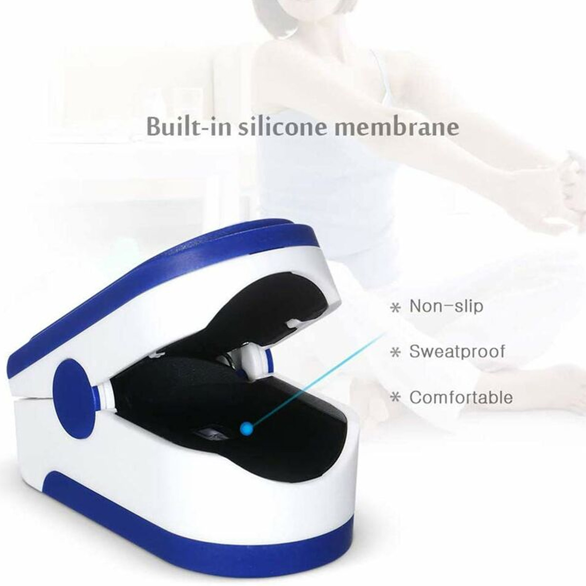 Ein Pulsoximeter, blau und weiß, mit dem Text Eingebaute Silikonmembran. Im Hintergrund ist eine Frau.